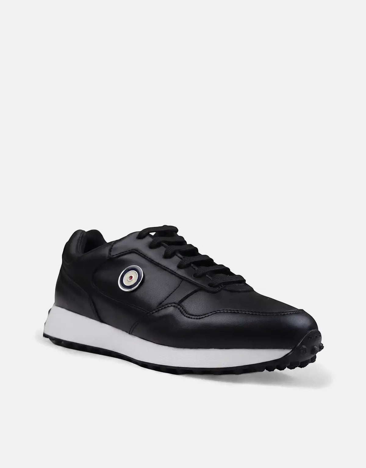 Ben Sherman Arthur black leather sneaker with white sole and distinctive circular logo, presented from an angled side view.