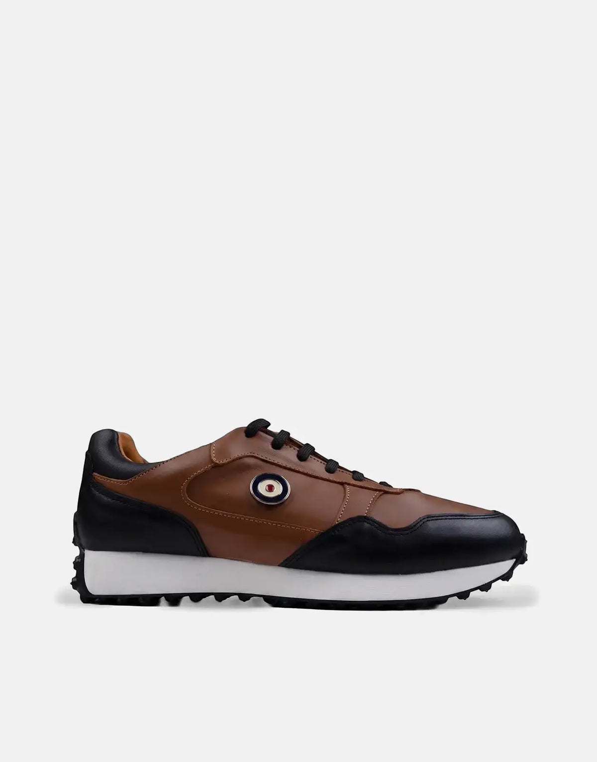 Side profile of a Ben Sherman Arthur sneaker with tan and black leather panels, white midsole, and black laces.