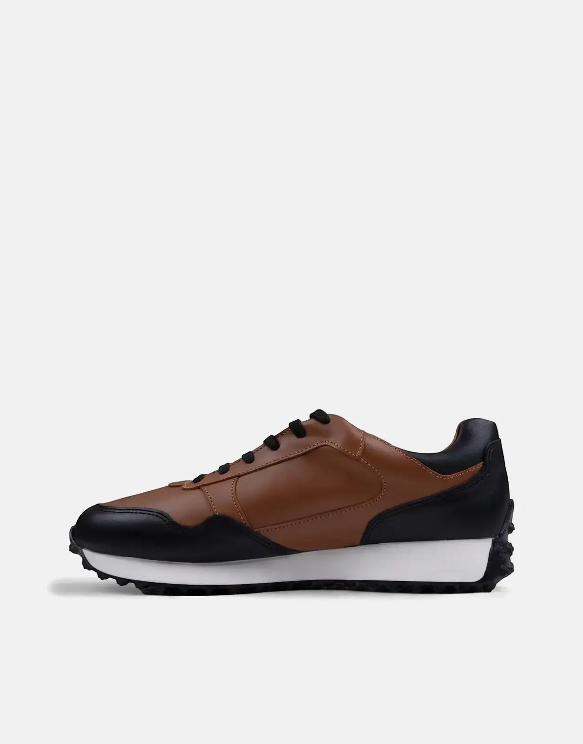 Ben Sherman Arthur Tan and Black Leather Sneaker, side view, featuring black laces and a white midsole.