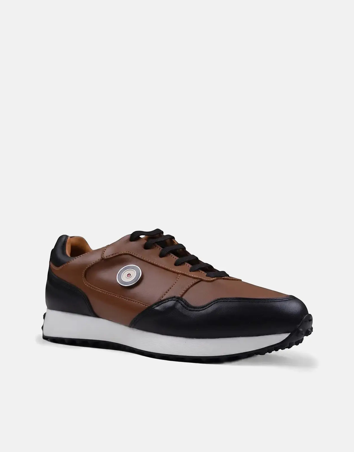 Ben Sherman Arthur tan and black leather sneaker with white sole, shown in a side profile view.