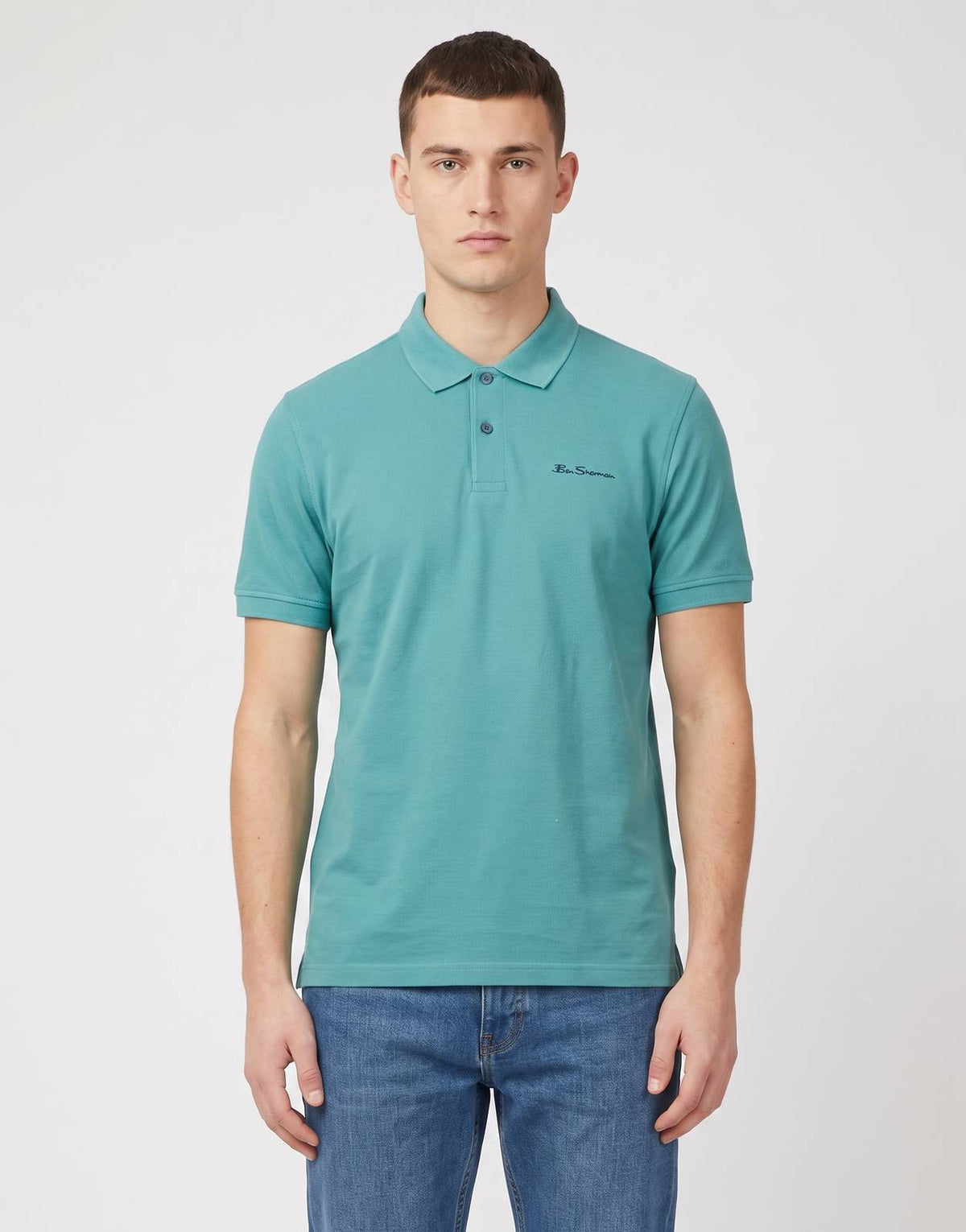 Men's Ben Sherman Ben Polo Aqua Teal polo shirt in a front view, made from a classic cotton pique knit fabric.