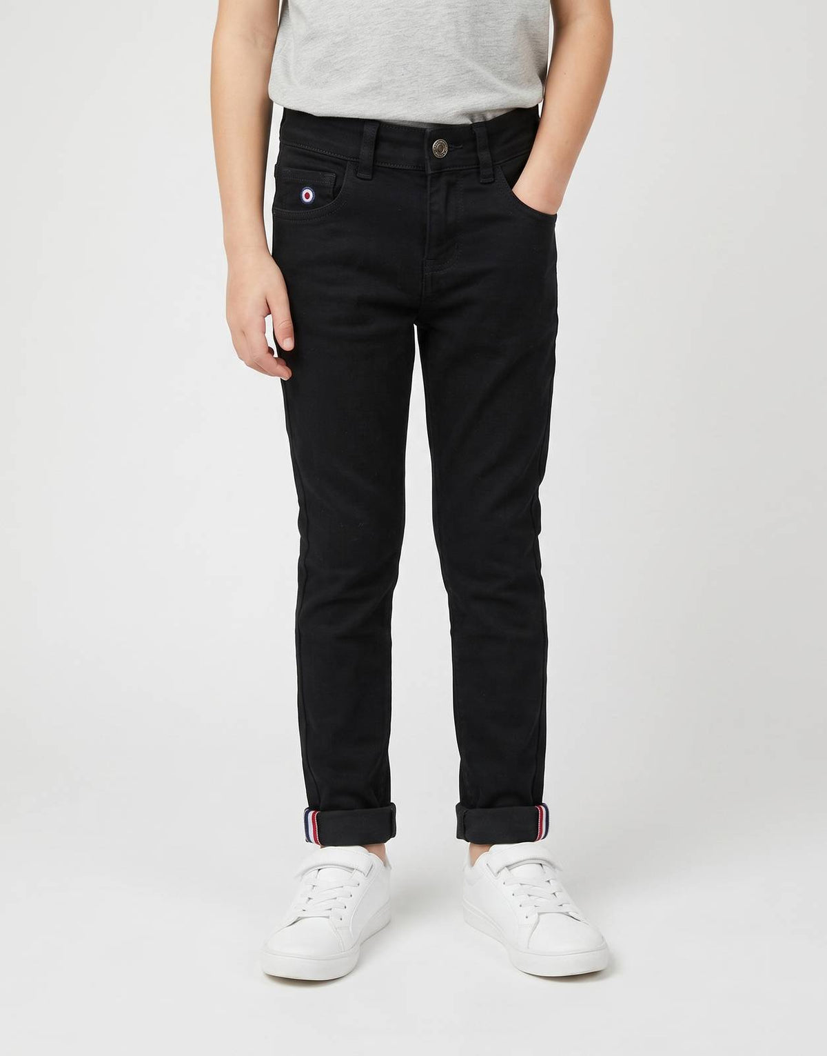 Ben Sherman Kids Black Denim Jeans, front view, featuring a slim fit and cuffed hems with patriotic stripe detail.