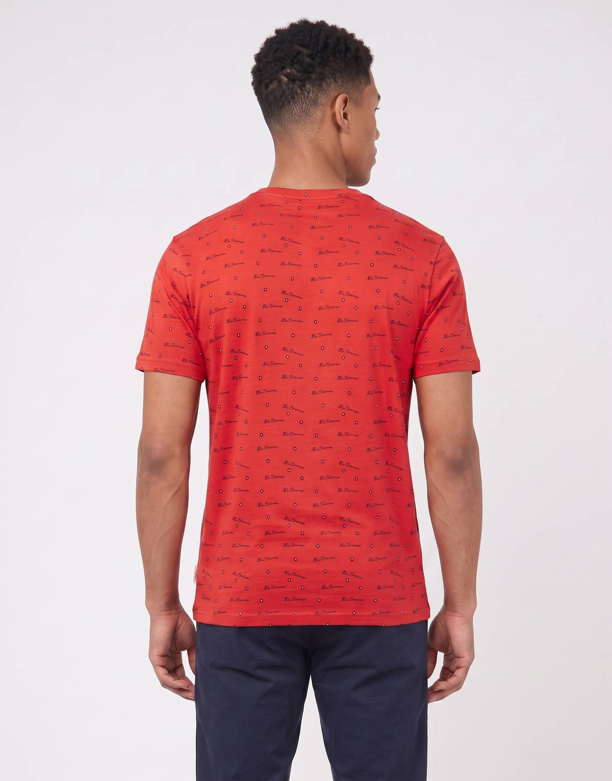 Men's Ben Sherman Tar Aop red t-shirt, featuring an all-over print design, shown from the back view.