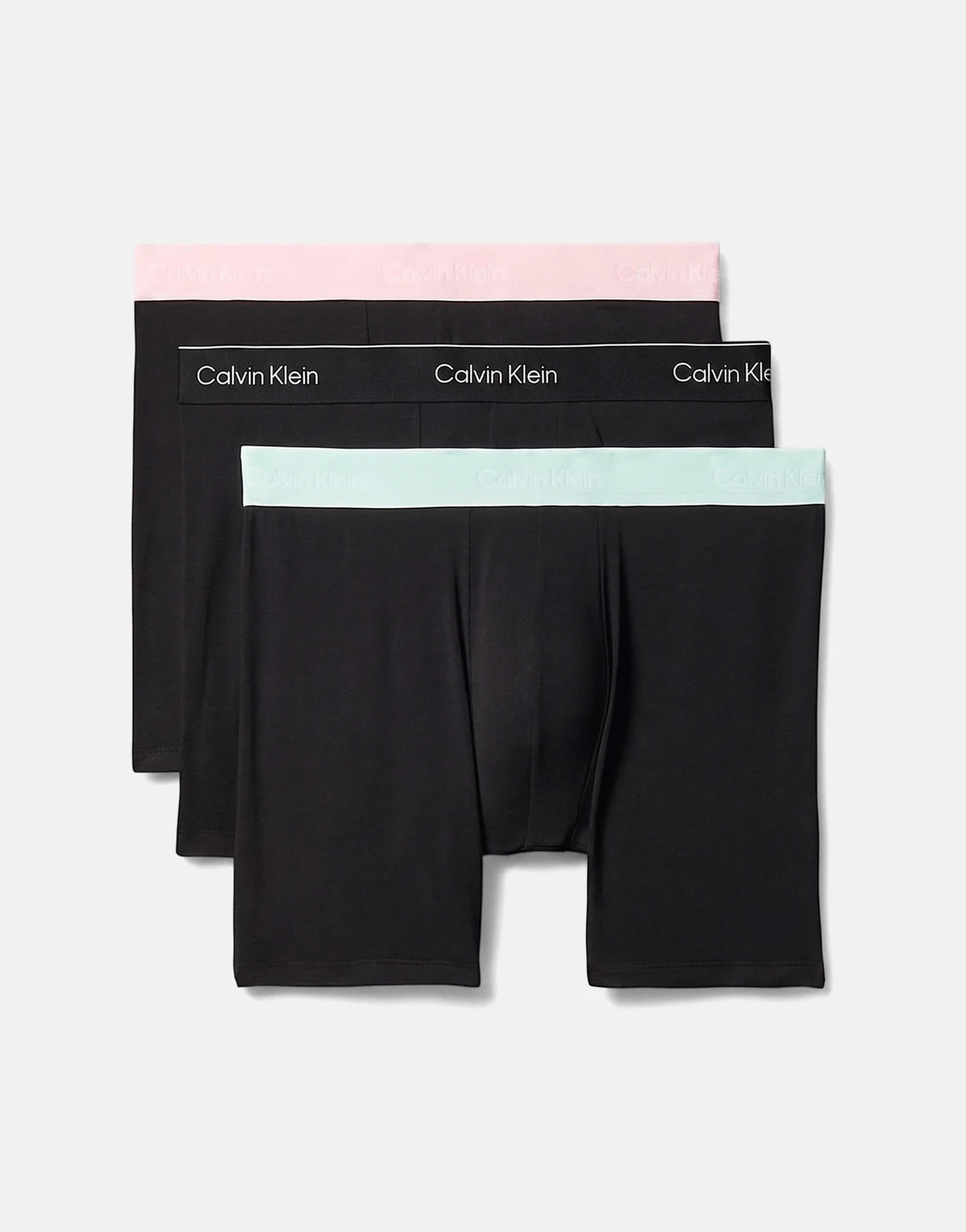 Calvin Klein 3 pack black boxer briefs with pink, black, and mint green waistbands, stacked.