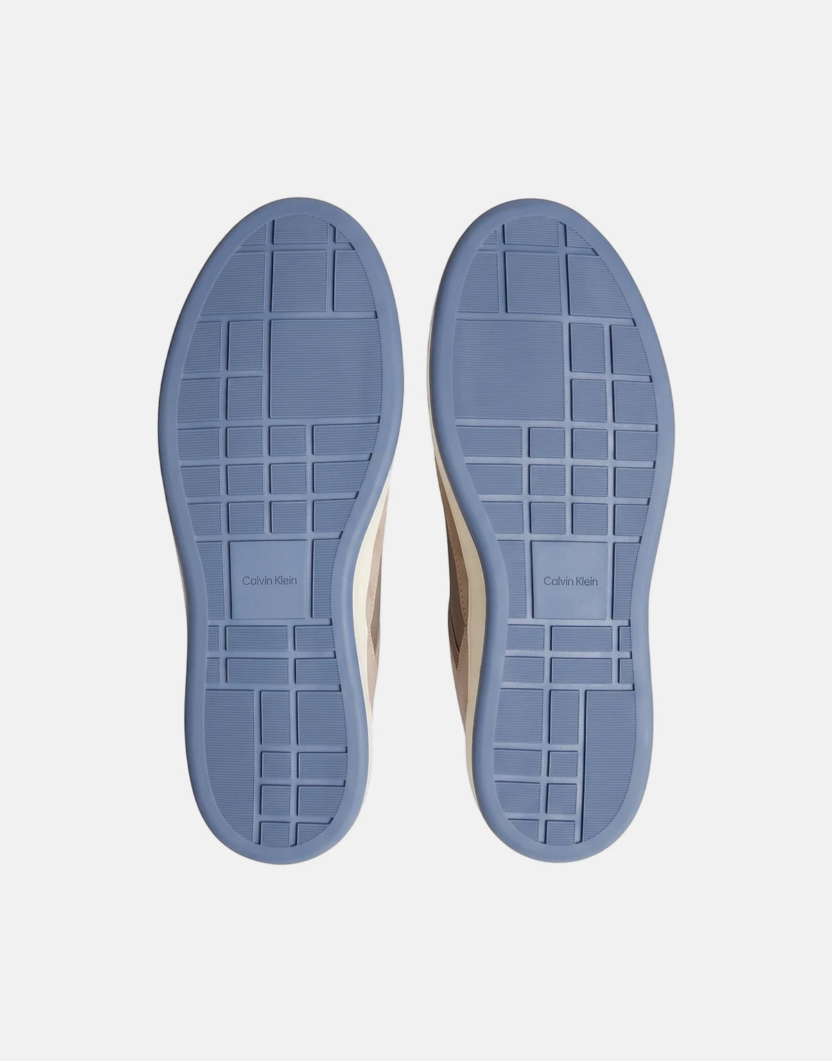 Underside view of Calvin Klein Basket Cupsole Laceup Multi Sneakers, showcasing the blue patterned soles and beige accents.
