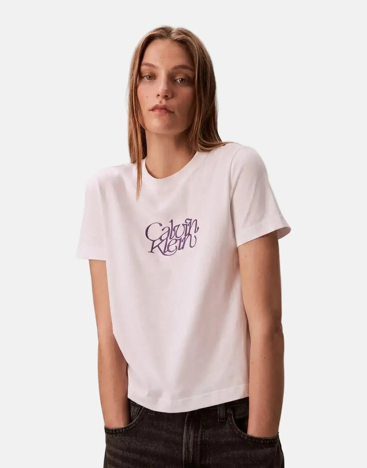 Calvin Klein Fitted Script T-Shirt Wht - Subwear