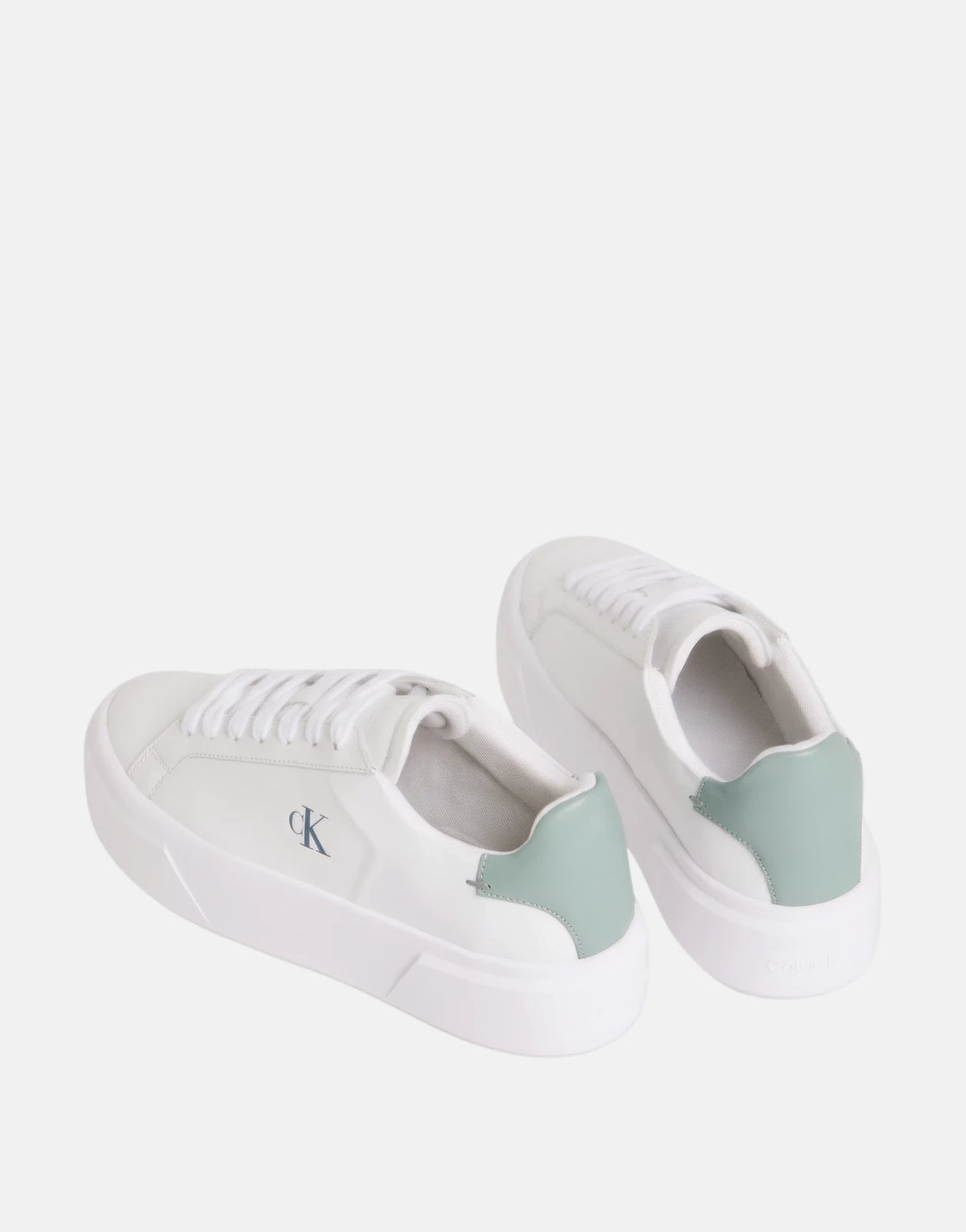 Pair of Calvin Klein Flatform Laceup White Multi Sneakers with teal heel tabs, seen from an elevated angle.