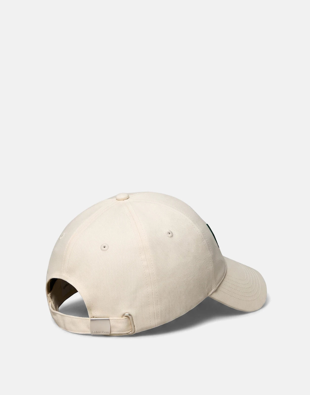 Calvin Klein Heritage Crest Off White Pitch Cap, shown from the side and back, highlighting the adjustable strap.