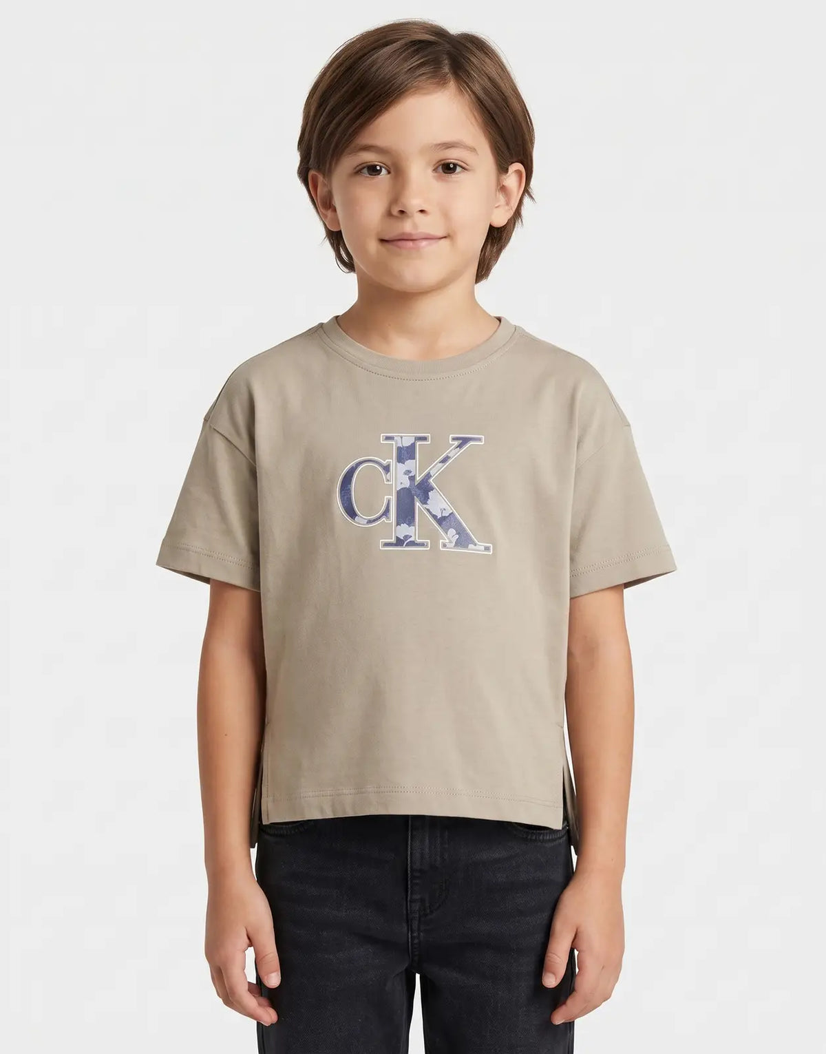 Calvin Klein Kids Monologo Brown T-Shirt featuring a prominent blue and white patterned CK logo on the front, short sleeves,
