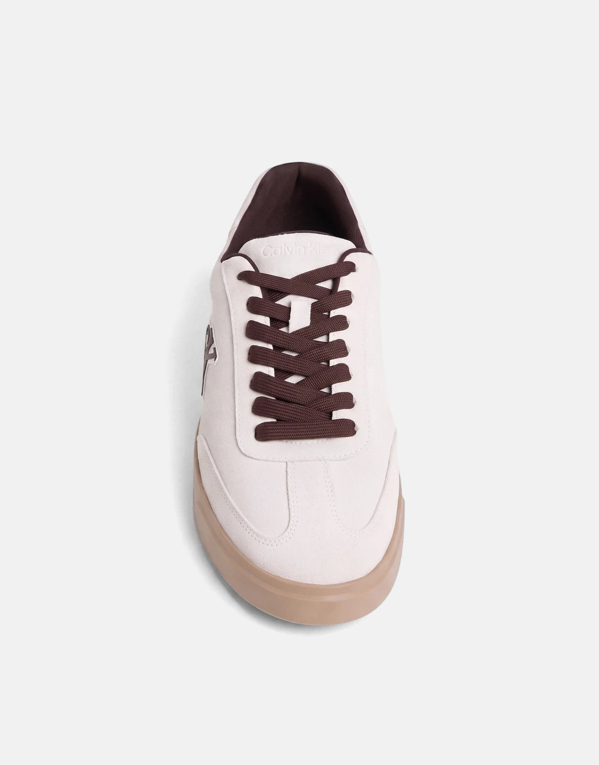 Calvin Klein Low Prof white multi cupsole sneakers with brown laces and a tan sole, displayed from a front view.