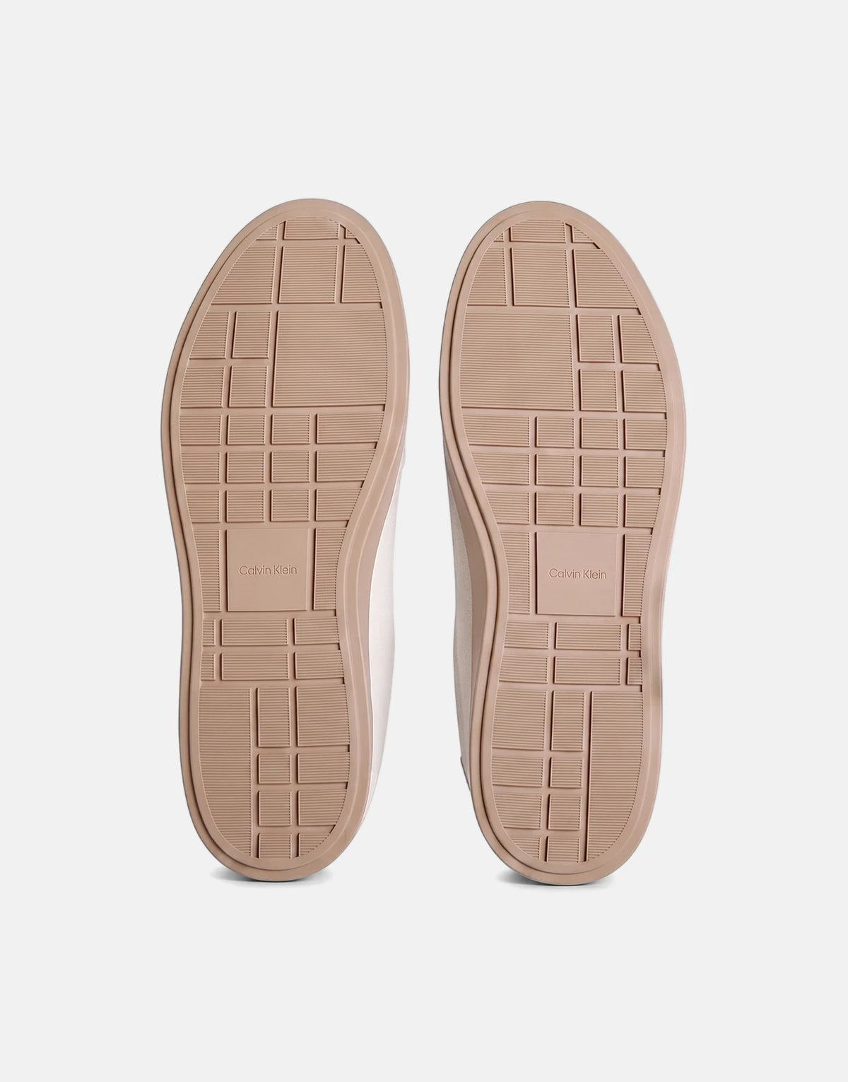Calvin Klein Low Prof White Multi Cupsole Sneakers, showing the beige soles with a geometric tread pattern and branding,