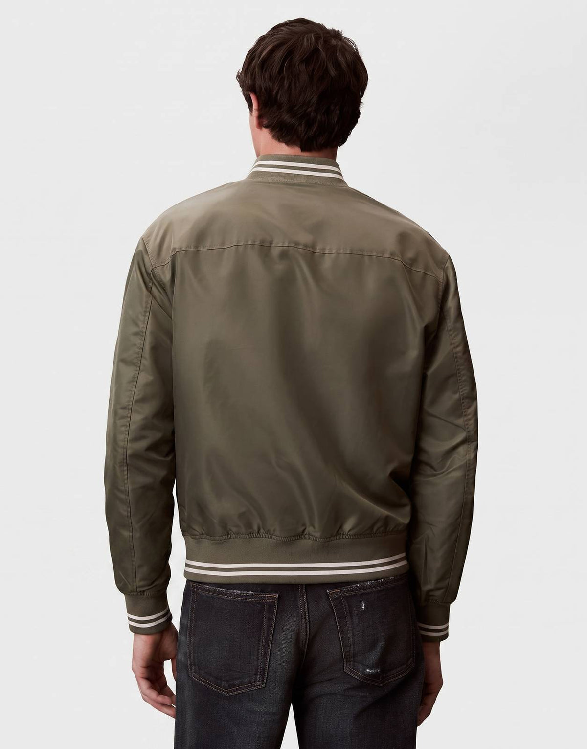 Men's olive green Calvin Klein Tipped Hero Bomber Jacket, back view, with ribbed collar, cuffs, and hem featuring white
