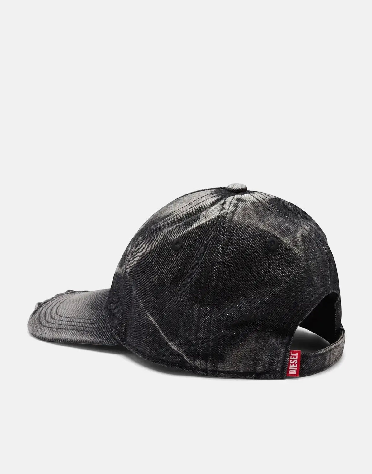 Diesel C-Seymon black denim baseball cap with distressed details, shown from the back-right side.