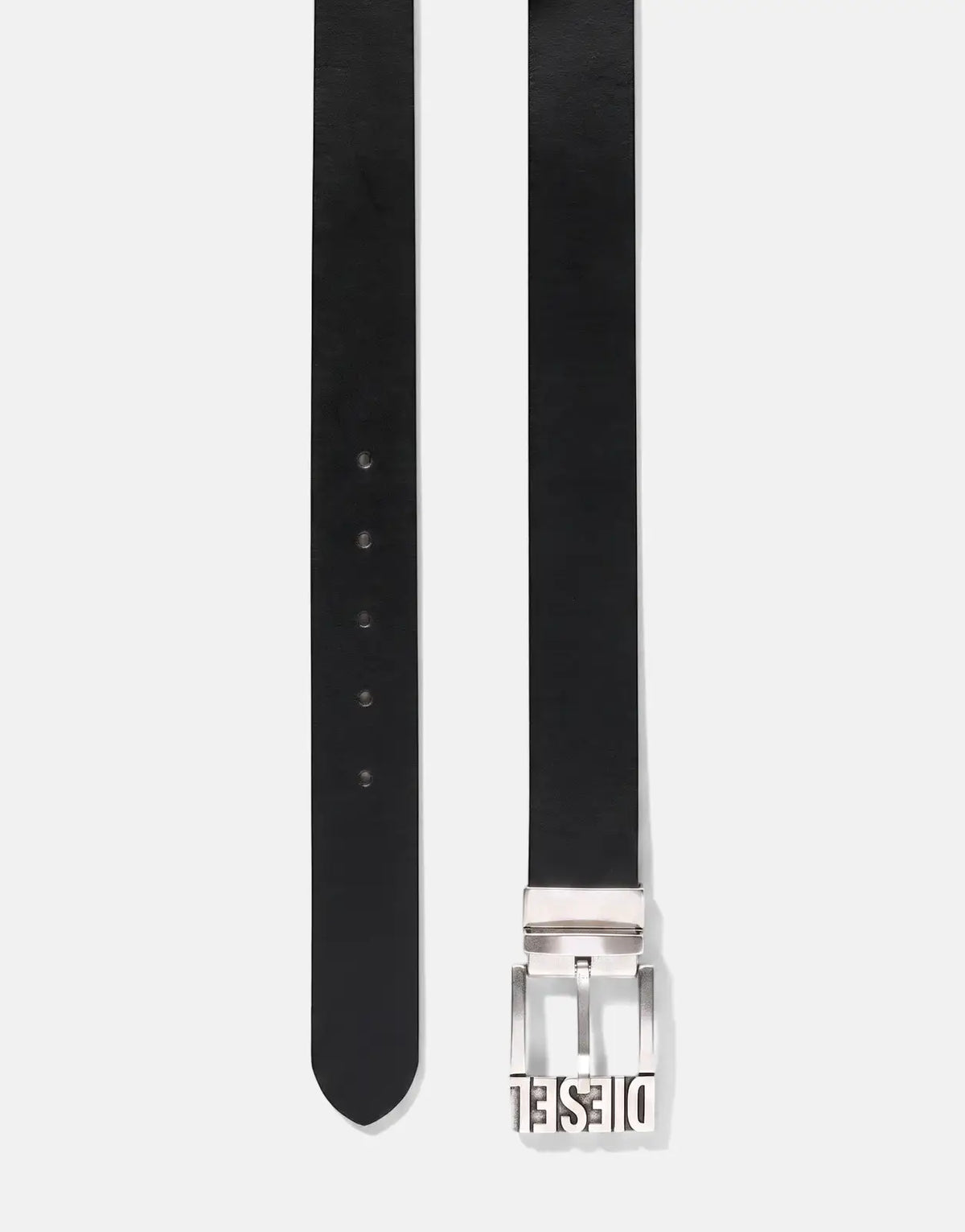 Black leather Diesel Logo B-Shift II belt, featuring a prominent silver metal buckle with the brand name, displayed