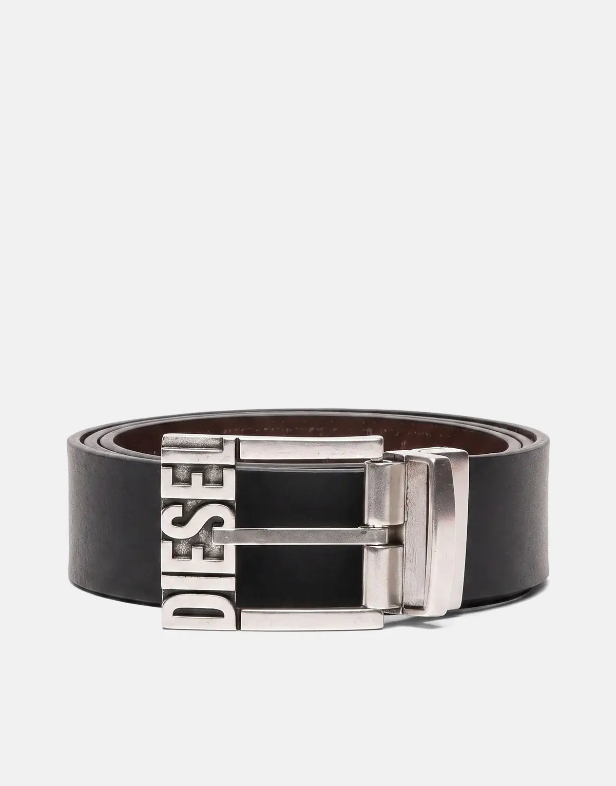 Black Diesel Logo B-Shift II belt made of leather with a silver buckle, coiled and presented on a flat surface.