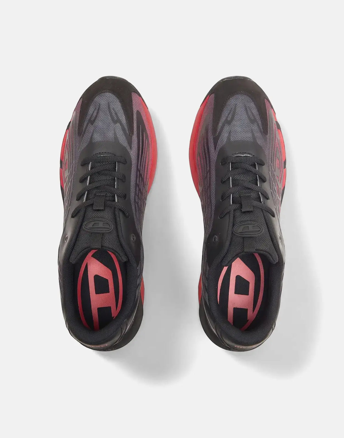 Top-down view of black and red Diesel S-D-Vit's 500 Low Sneakers with mesh and leather details on a white background.