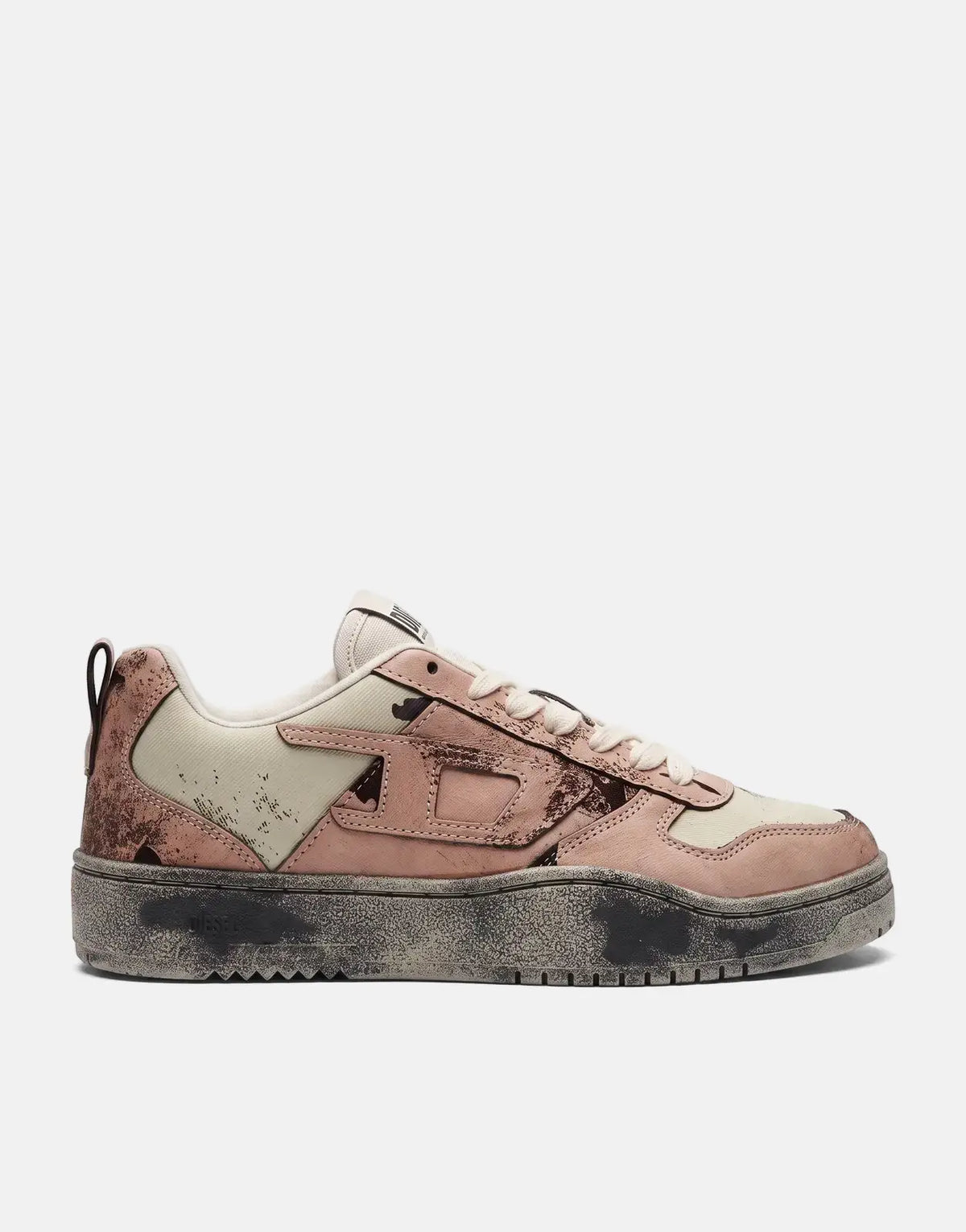 Diesel S-Ukiyo V2 Low Sneakers in distressed pink and beige leather with platform sole, side view.