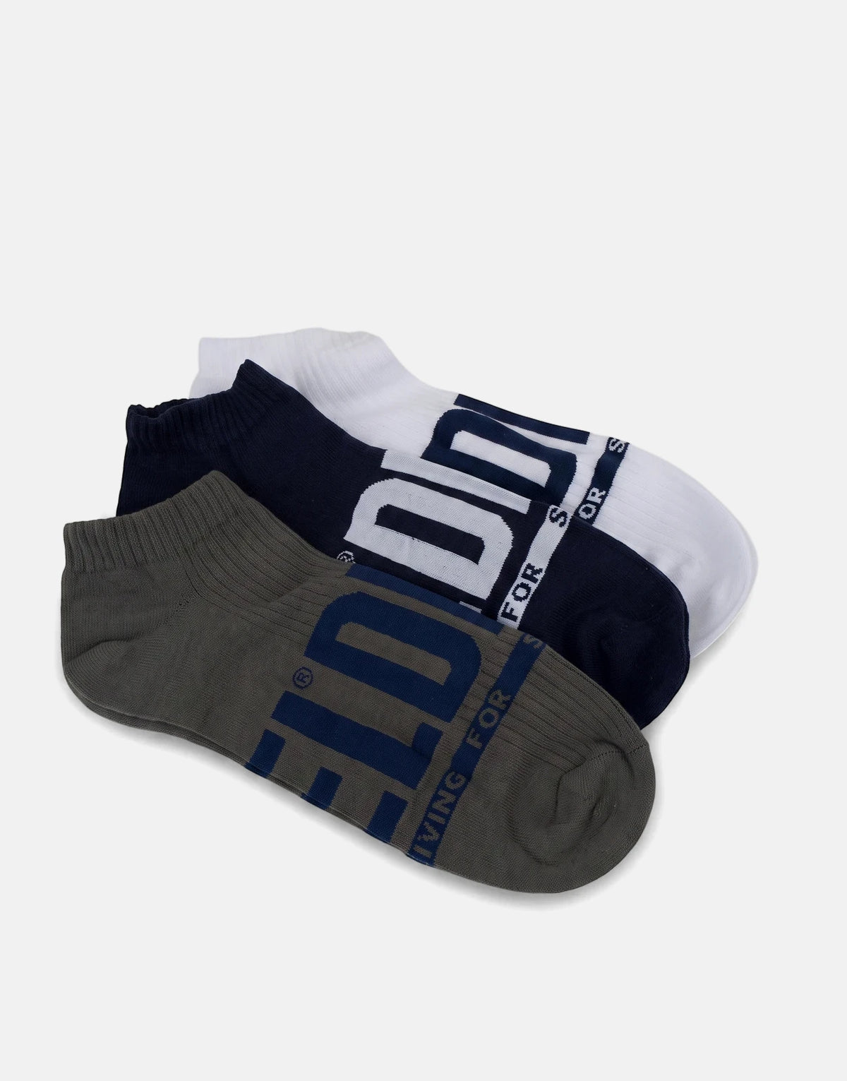 Three pairs of Diesel SKM Gost ankle socks including dark grey, dark blue, and white, featuring F.I.D.D branding.