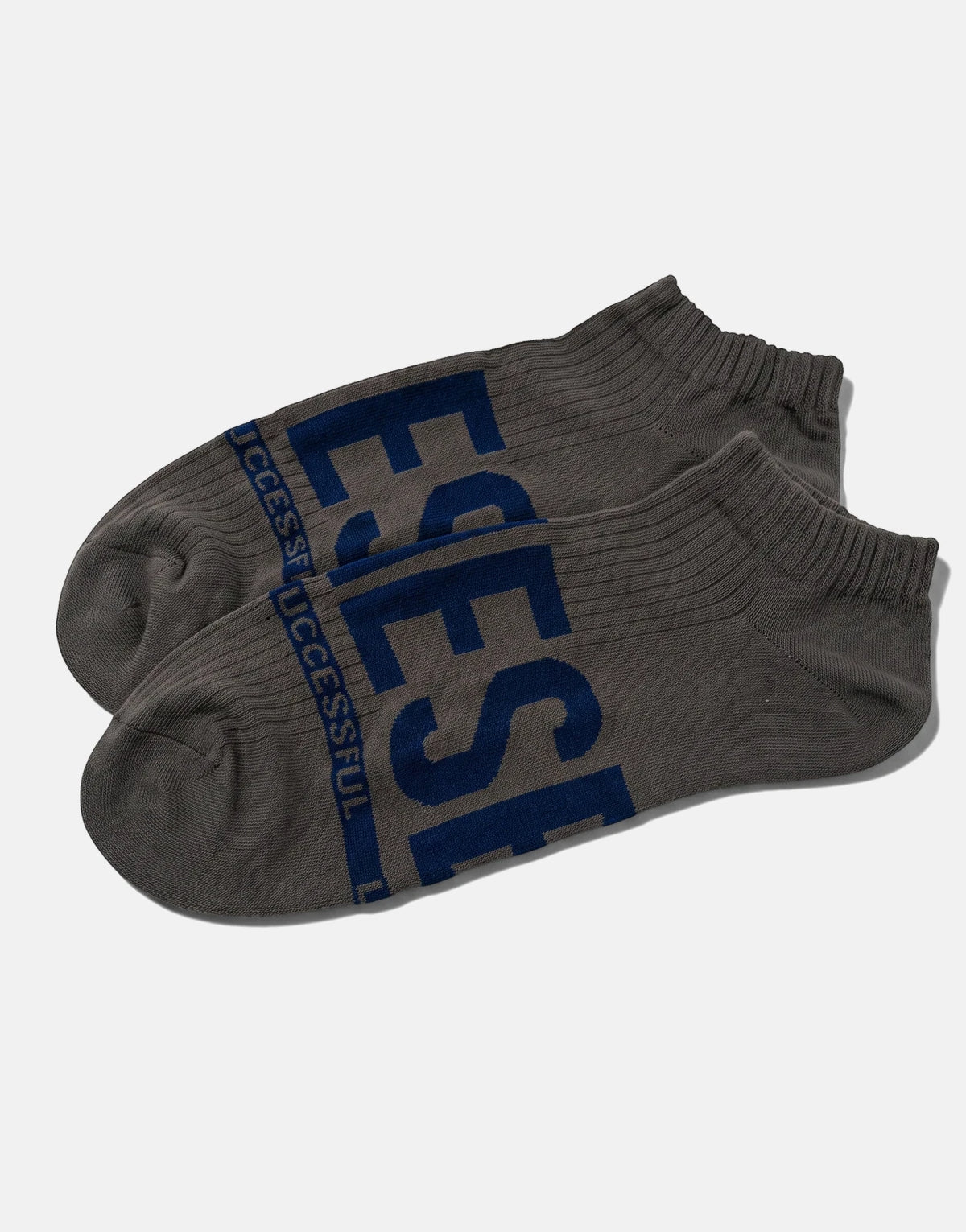 Two grey Diesel SKM Gost ankle socks with blue 'SUCCESSFUL' branding, laid flat on a white surface.