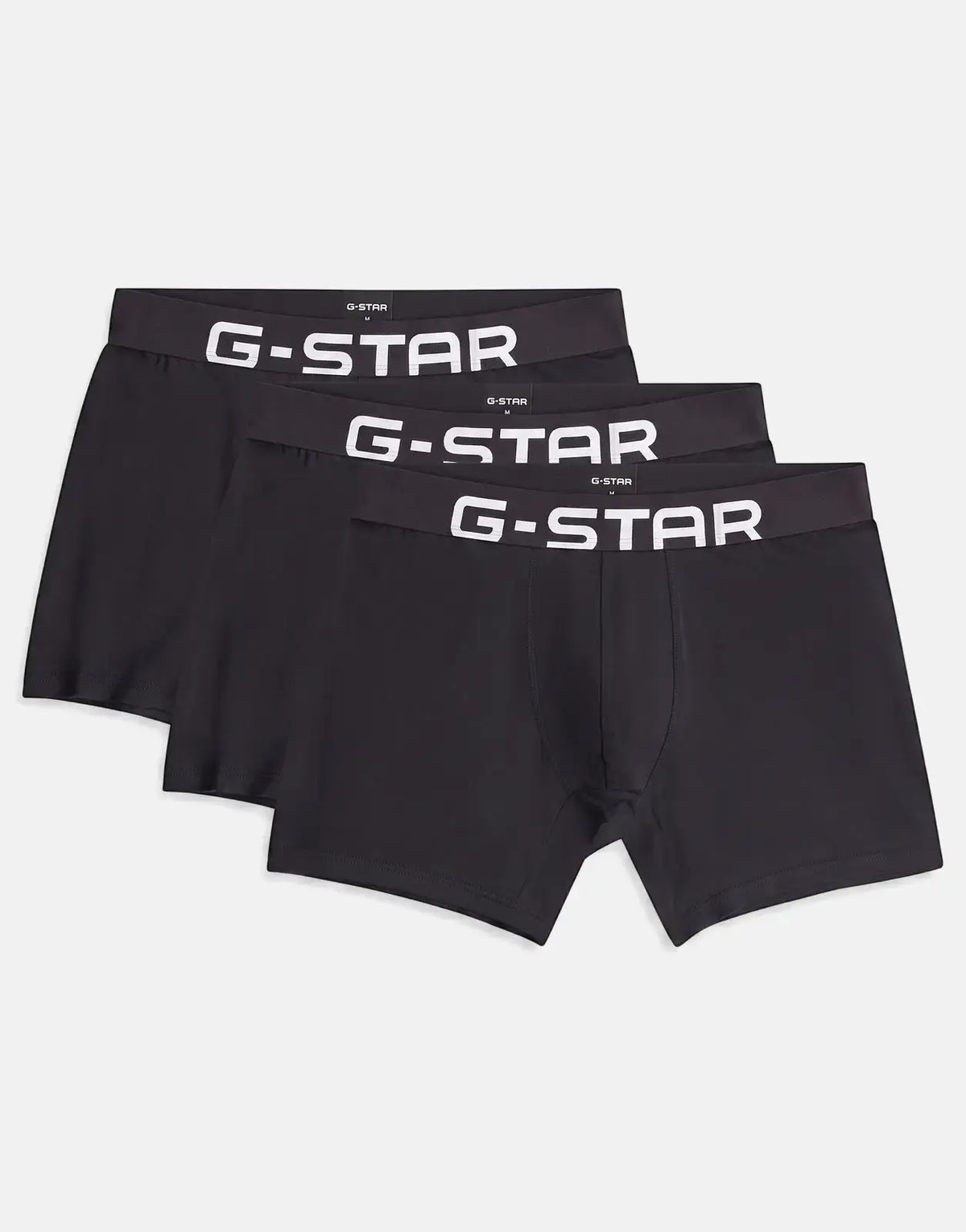 Three black G-Star RAW men's boxer briefs, featuring a branded waistband, displayed as a multipack.