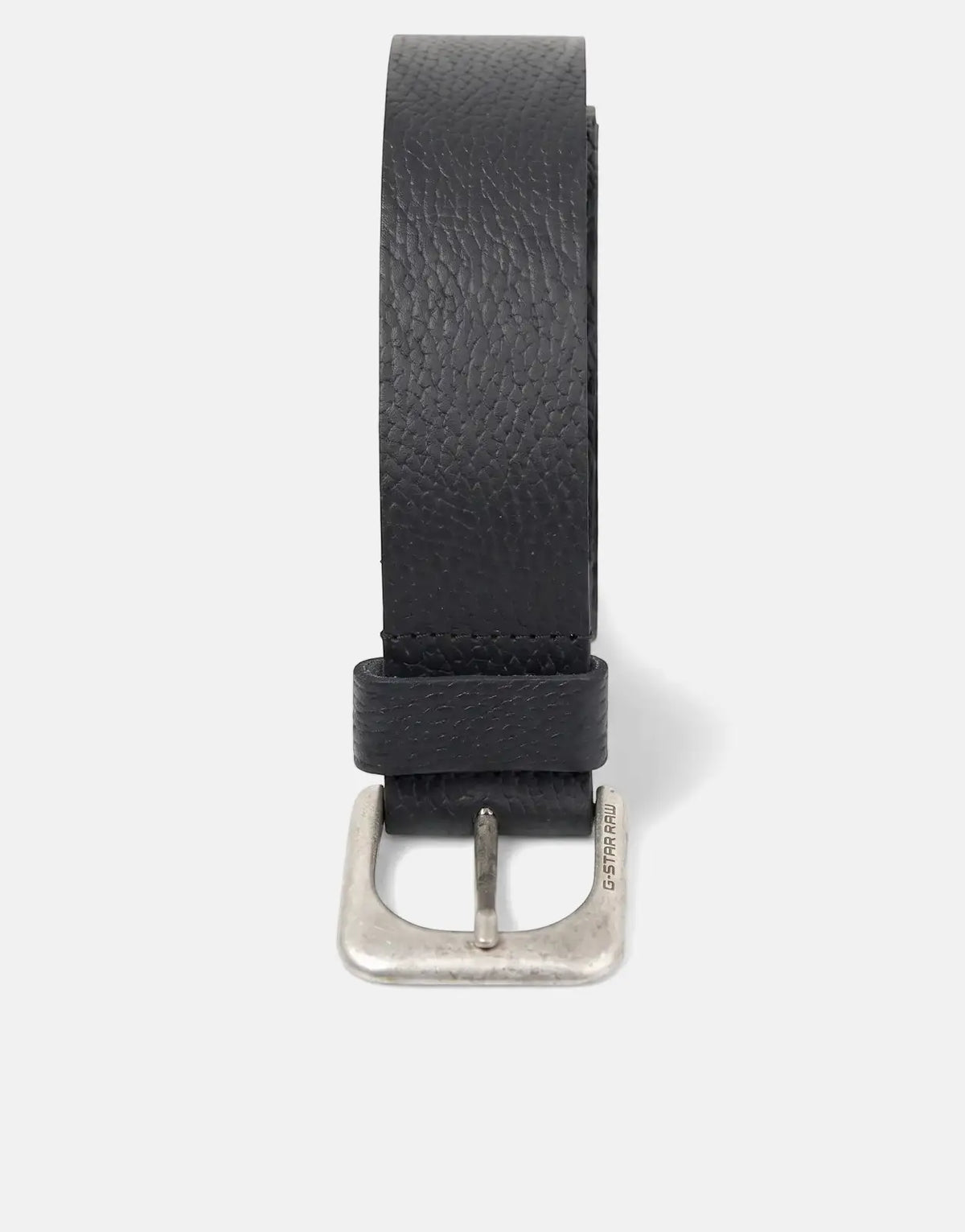 G-Star RAW Zed black textured leather belt with an antic silver square buckle, presented upright on a white studio