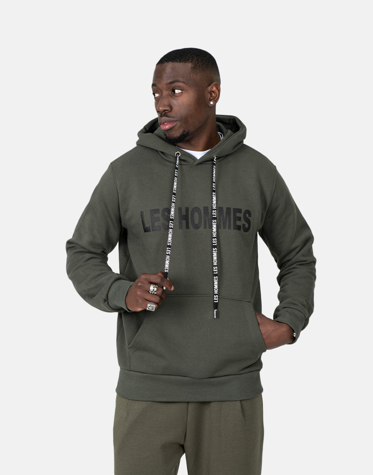 Les Hommes Chest Font Military Green Hoodie - Subwear