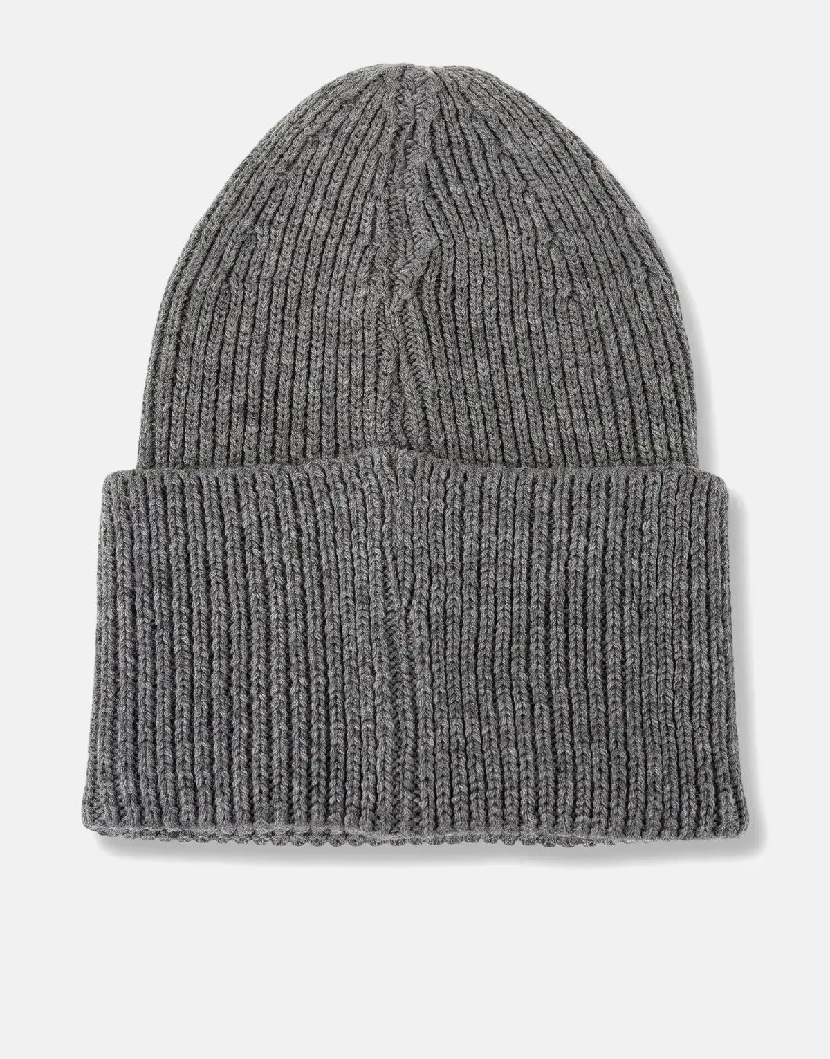 A gray ribbed knit beanie from Les Hommes, presented in a flat-lay view on a clean white surface, showcasing its folded brim
