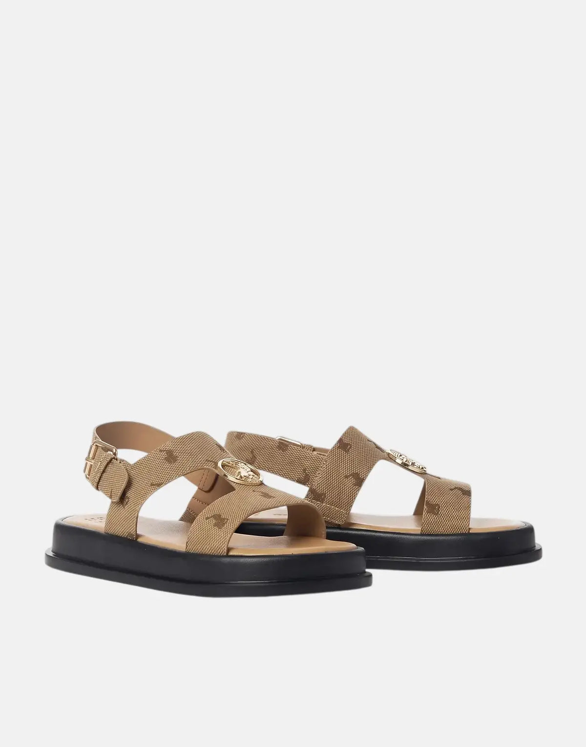 Polo Kids Moulded Stone Trim Sandals with tan patterned straps, gold-tone buckle, and chunky black soles, shown from an