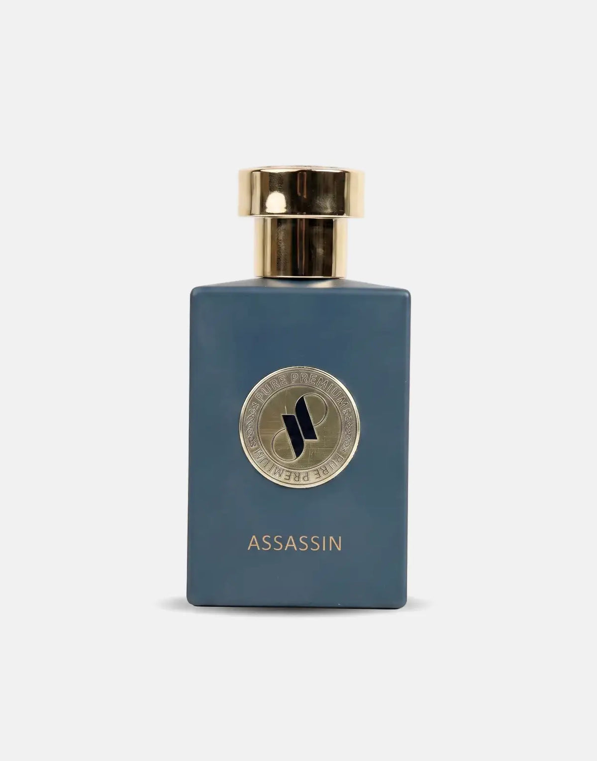 Deep blue-grey Pure Premium Assassin perfume bottle with a gold cap and a circular gold logo featuring 'P' and 'S' letters.