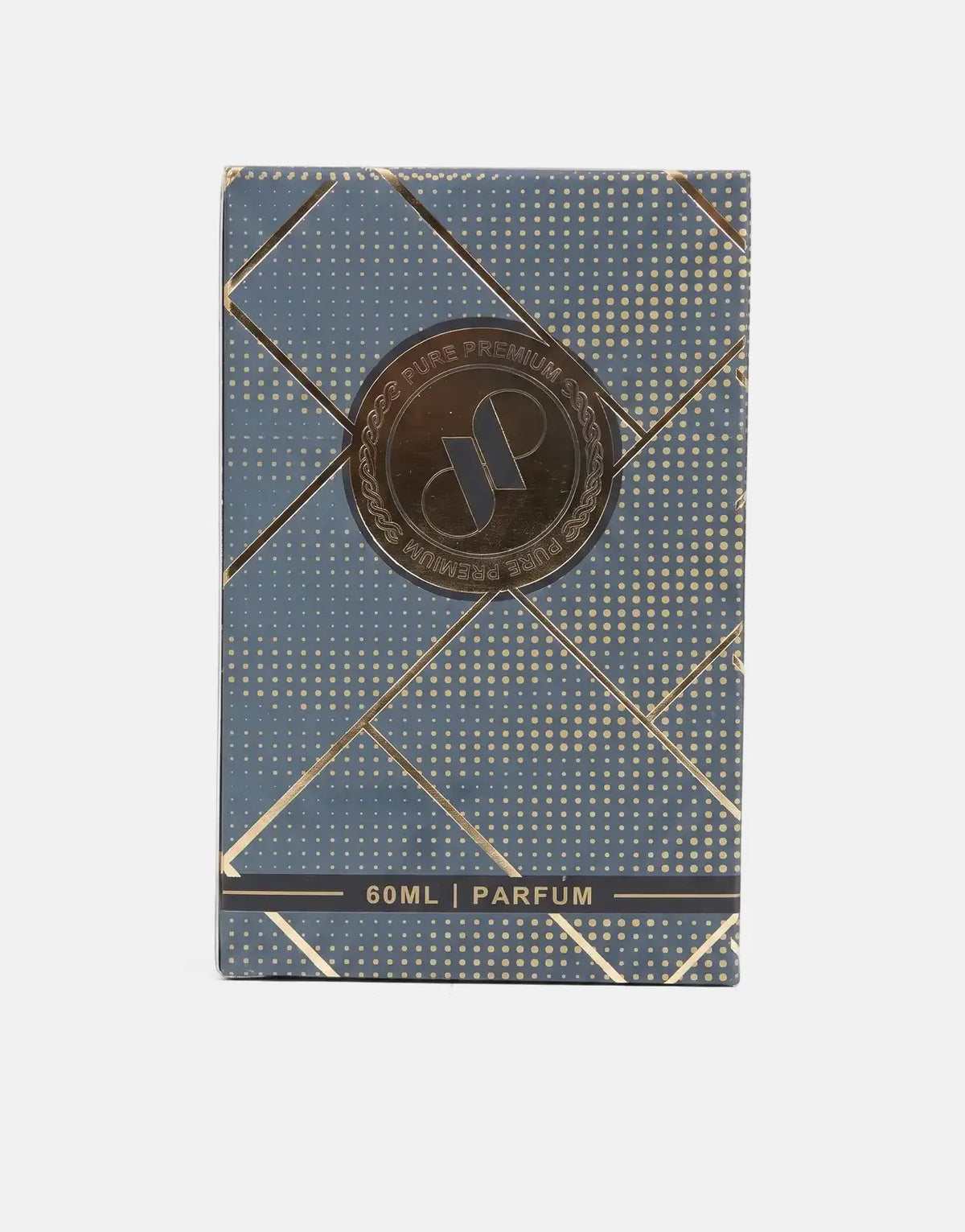 Pure Premium Assassin Perfume box in dark blue/grey with gold geometric pattern, featuring a central 'SP' logo, 60ml.