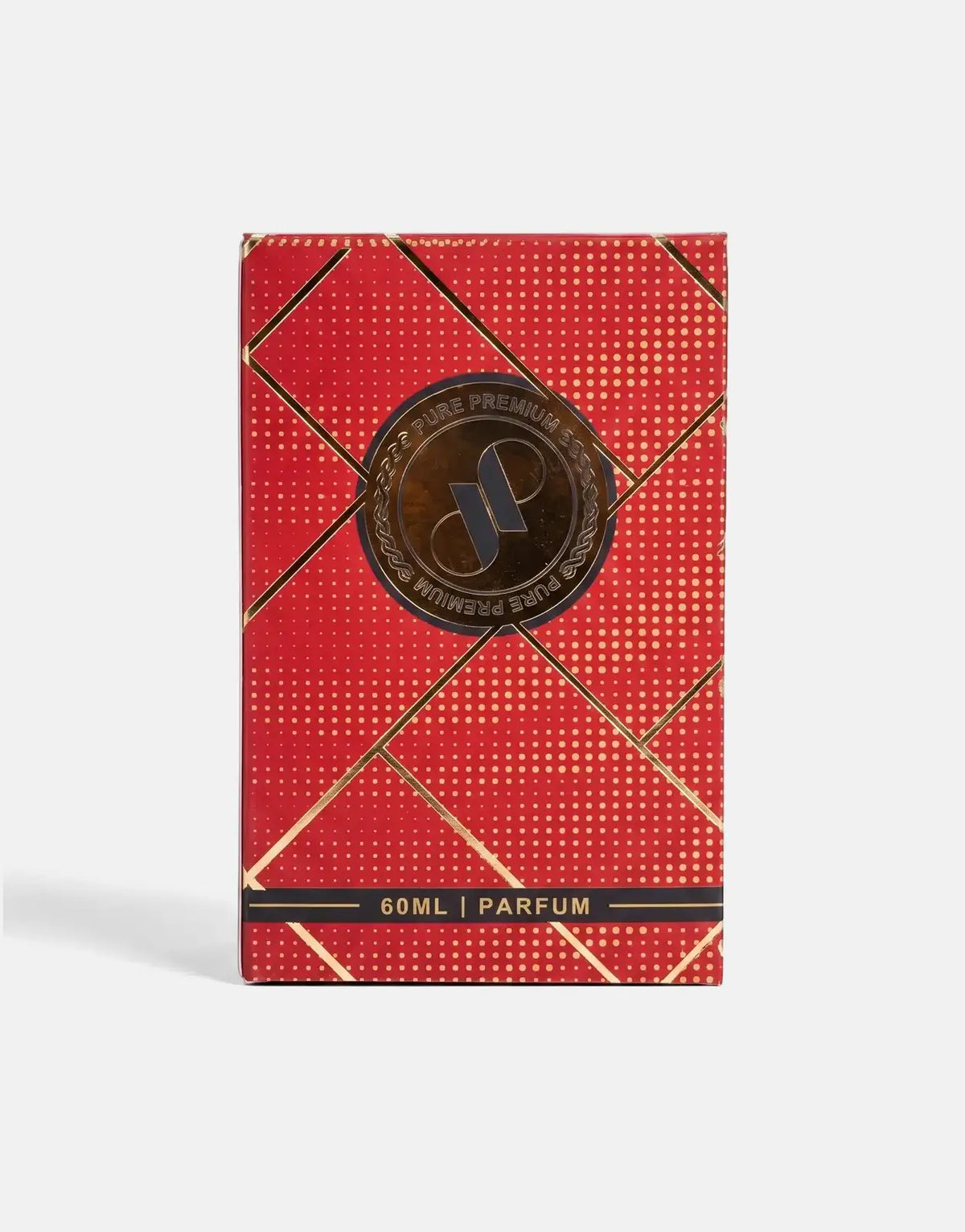Pure Premium Ginger Musk Perfume in a red box with gold geometric patterns and a central logo, 60ml.