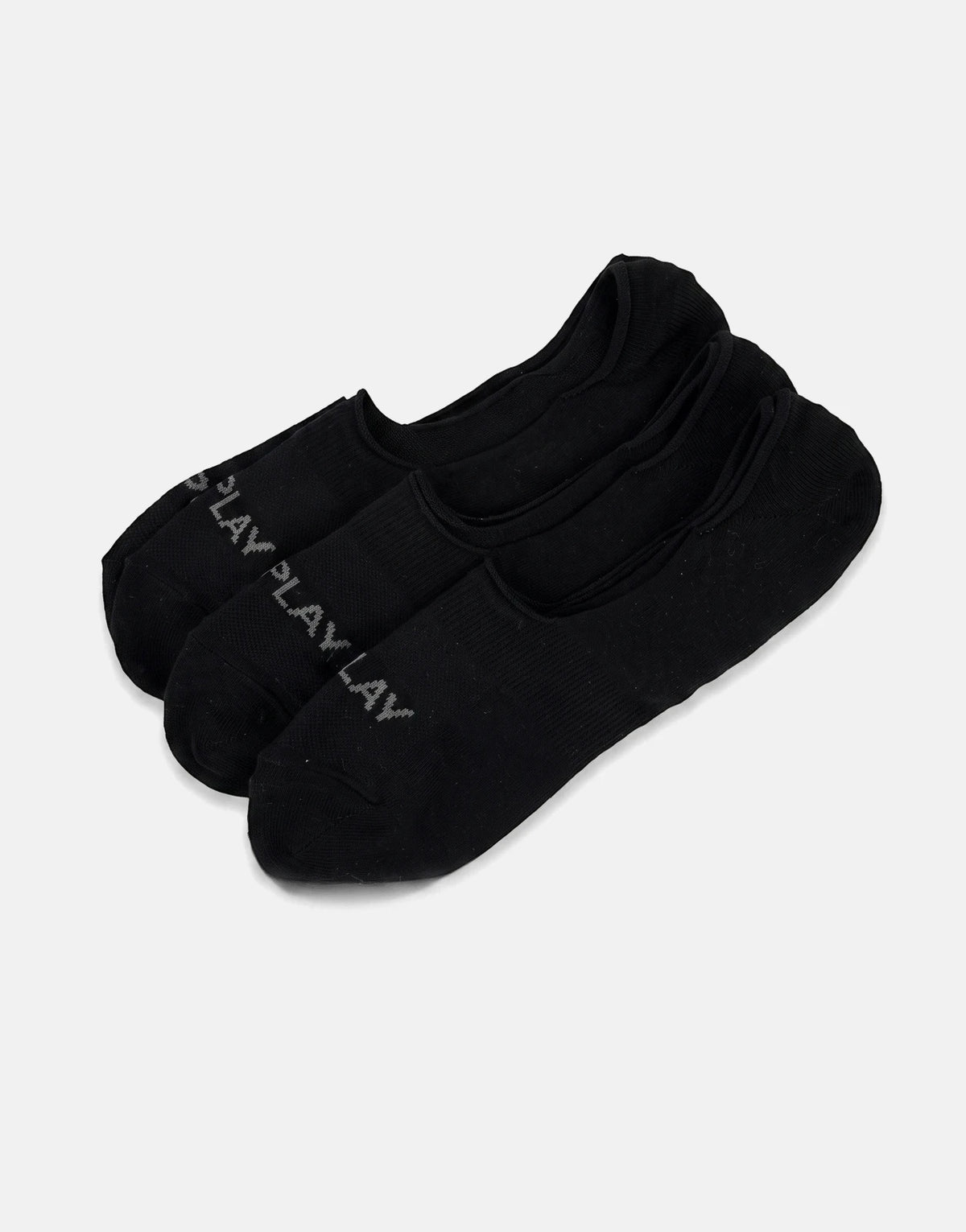 Three black Replay 3 Pack no-show socks, featuring a subtle ribbed texture and grey branding, arranged diagonally for a