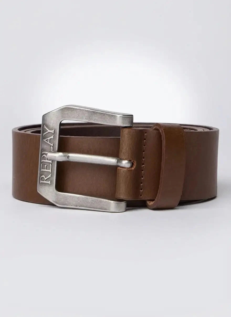 Replay Logo Dk Brown Leather Belt - Subwear