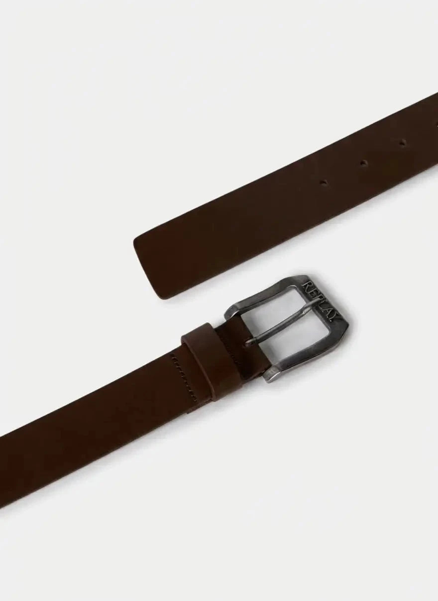 Replay Logo Dk Brown Leather Belt - Subwear
