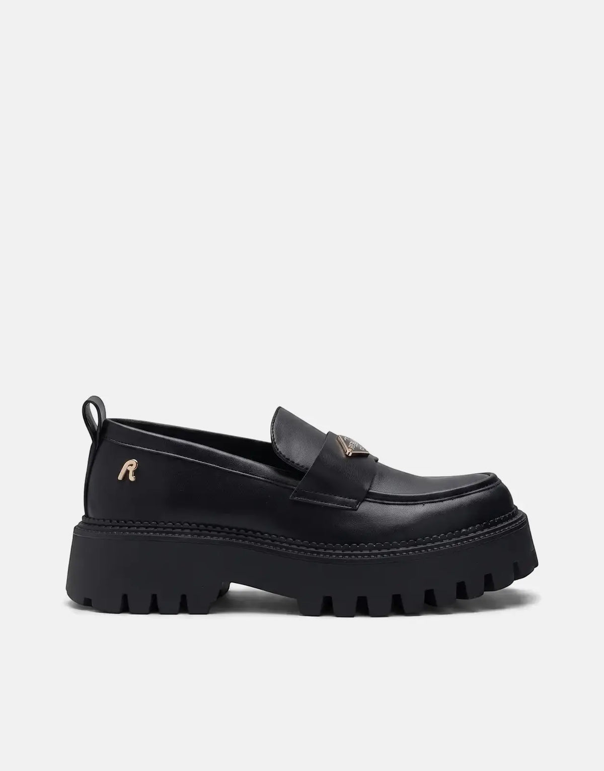 Black Replay Numb NY women's loafer-style sneakers featuring a chunky lug sole, gold 'R' logo, and a metallic vamp accent.