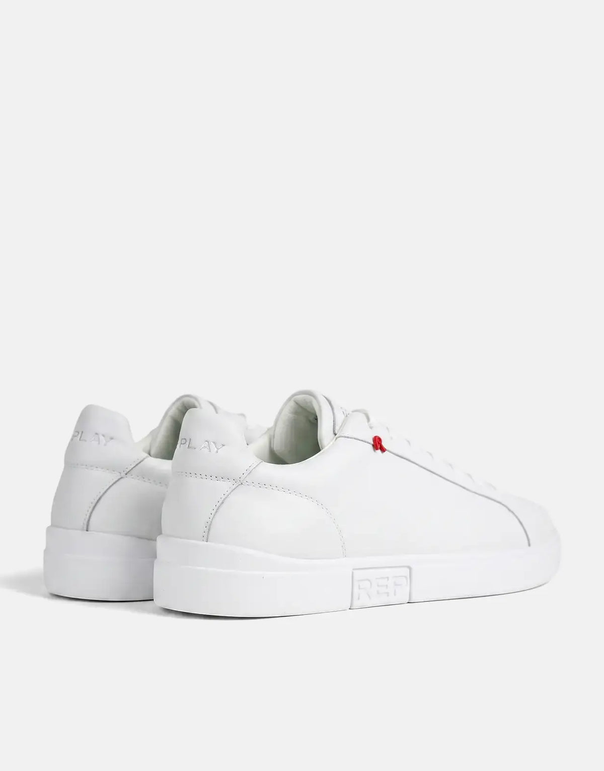 Replay Poly R SA white leather sneakers, featuring embossed 'PLAY' on heel collars, a subtle red tab, and 'REP' on the sole,