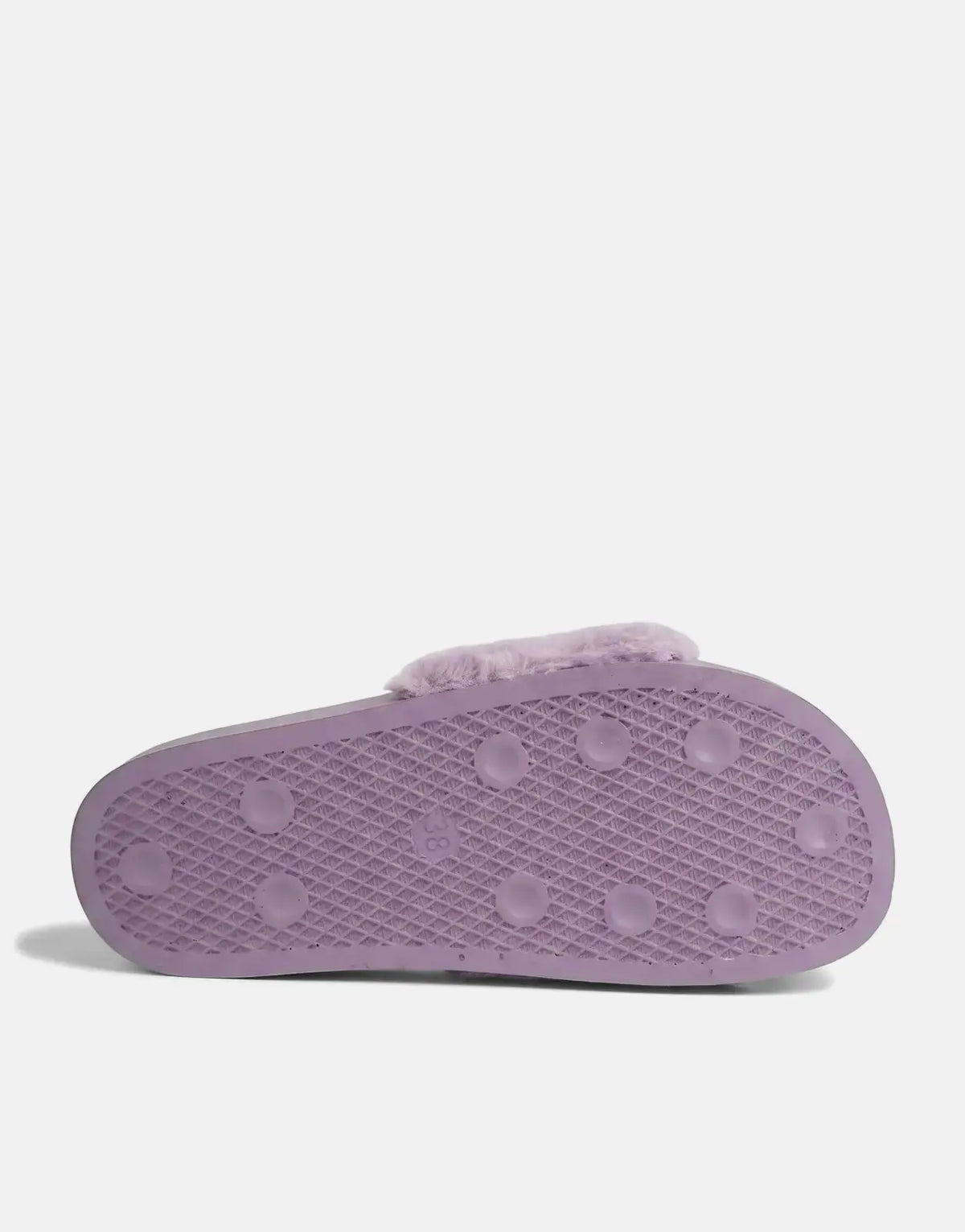 Lilac Replay Up W Along slide slipper, shown from the bottom with its textured sole and fuzzy strap.