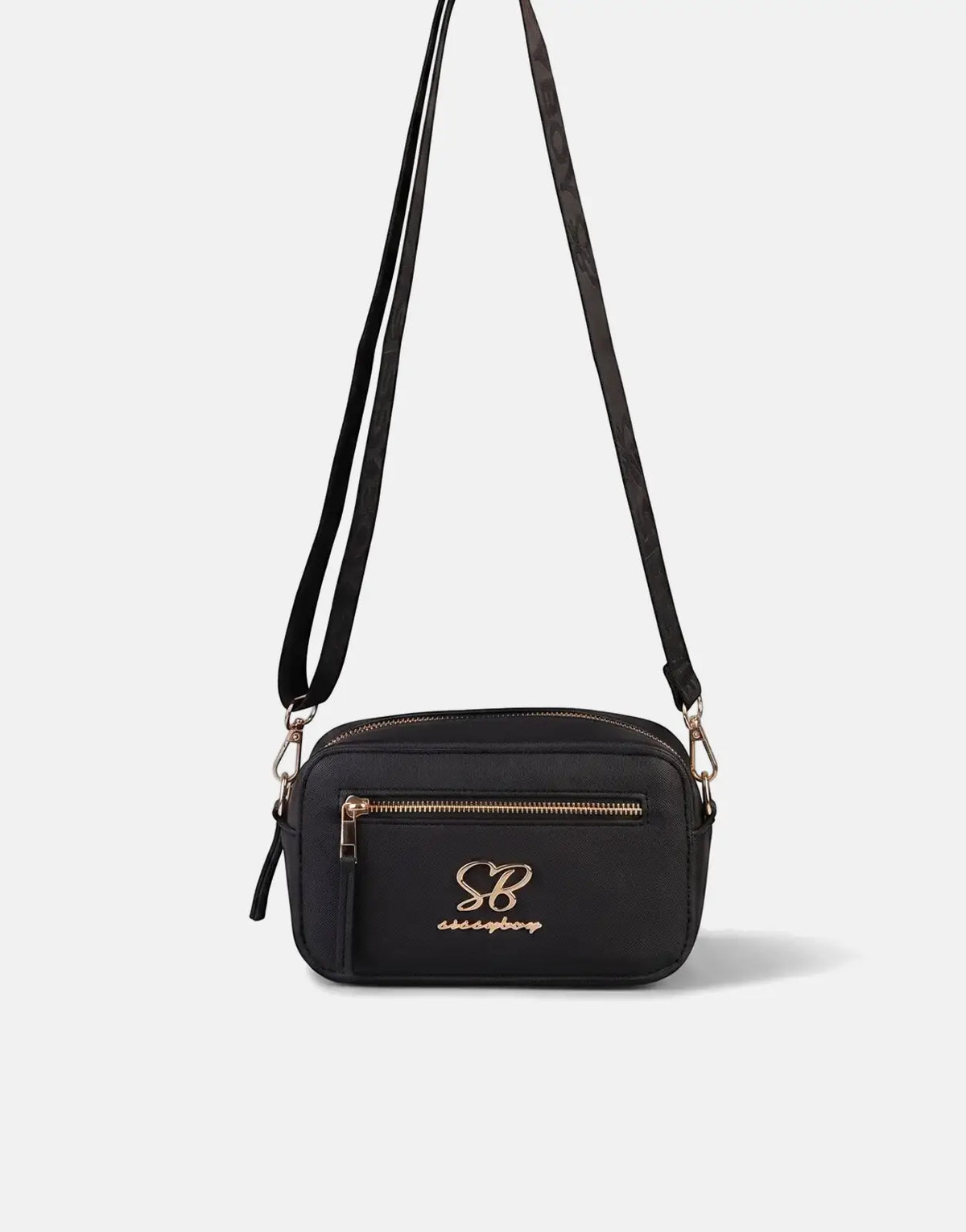 Sissy Boy Basic black faux leather camera bag with gold hardware and logo, suspended against a light background.