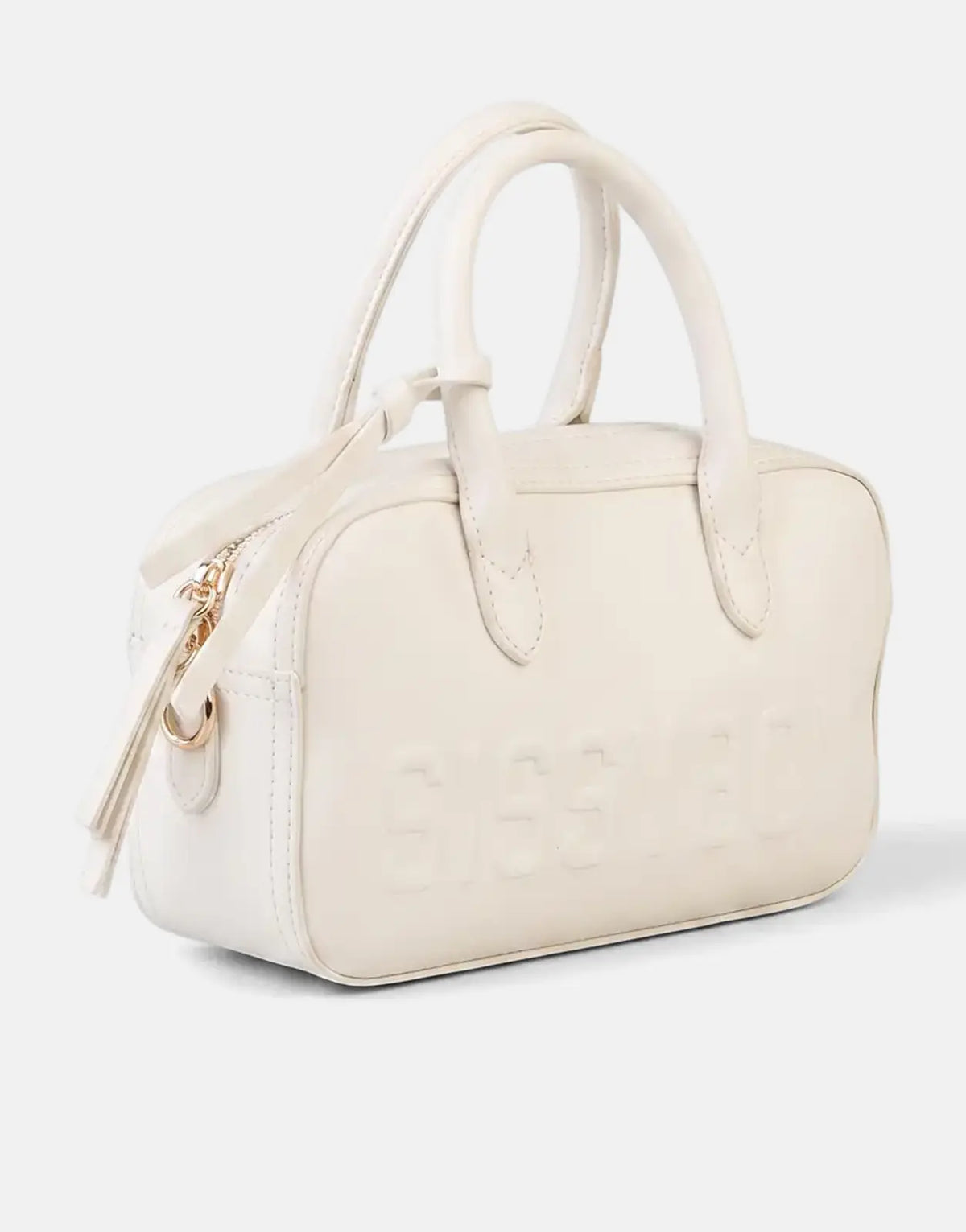 Sissy Boy Emory off-white faux leather duffle bag with top handles and an embossed logo, shown angled on a plain background.