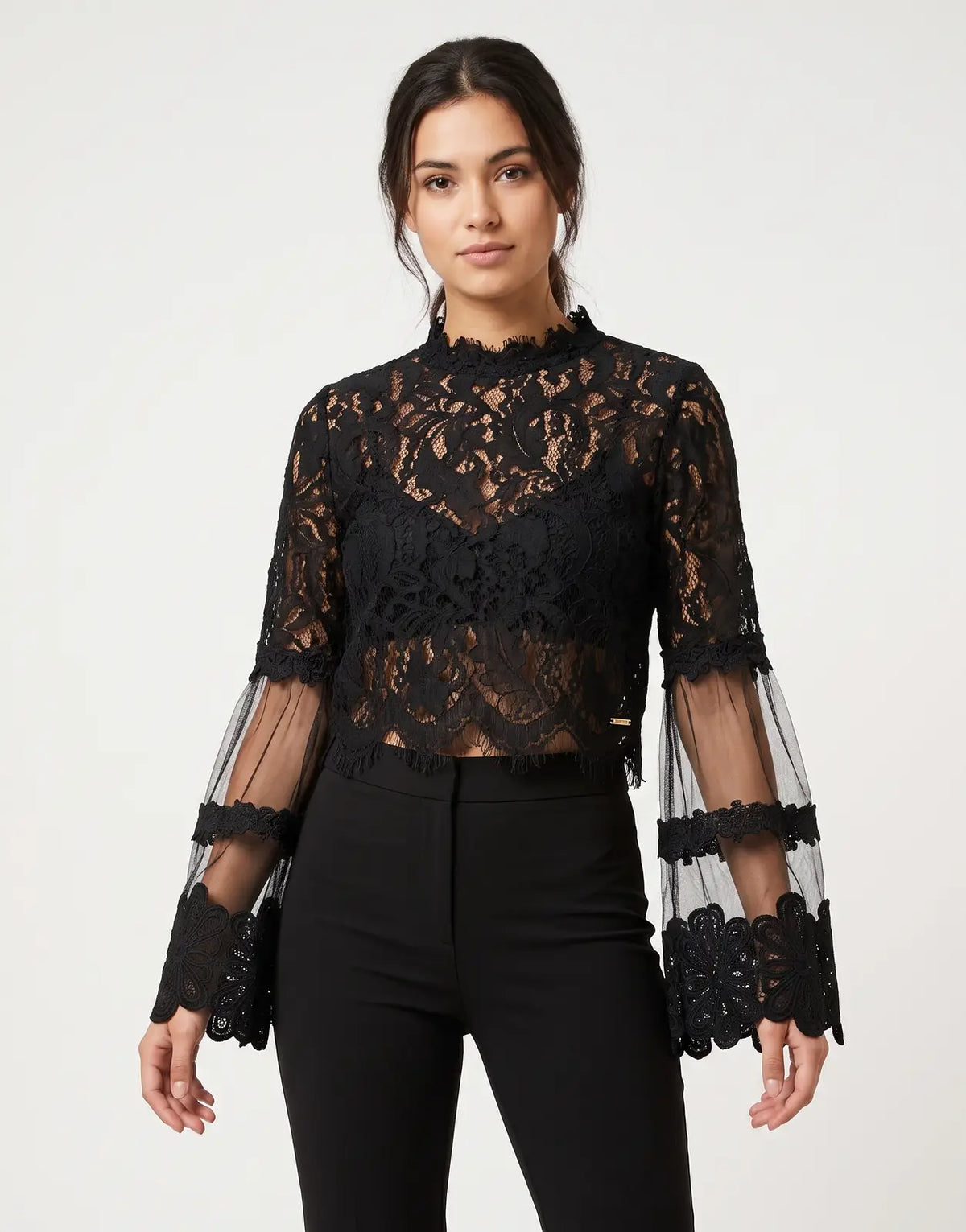 Sissy Boy In Your World Black Blouse featuring intricate lace fabric and elegant long sheer bell sleeves for a sophisticated
