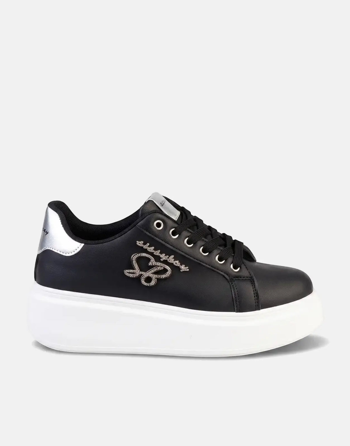 Sissy Boy Noella women's black platform sneakers with white soles, silver accents, and rhinestone 'SB' logo, photographed