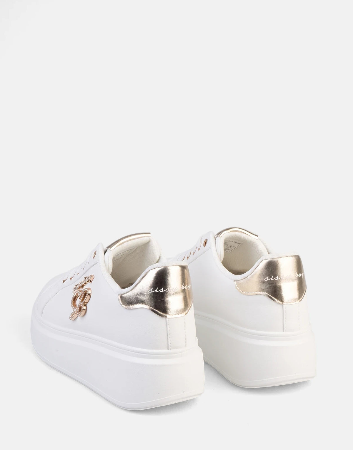 White Sissy Boy Noella platform sneakers with gold accents, presented from a rear-quarter side view on a clean background.