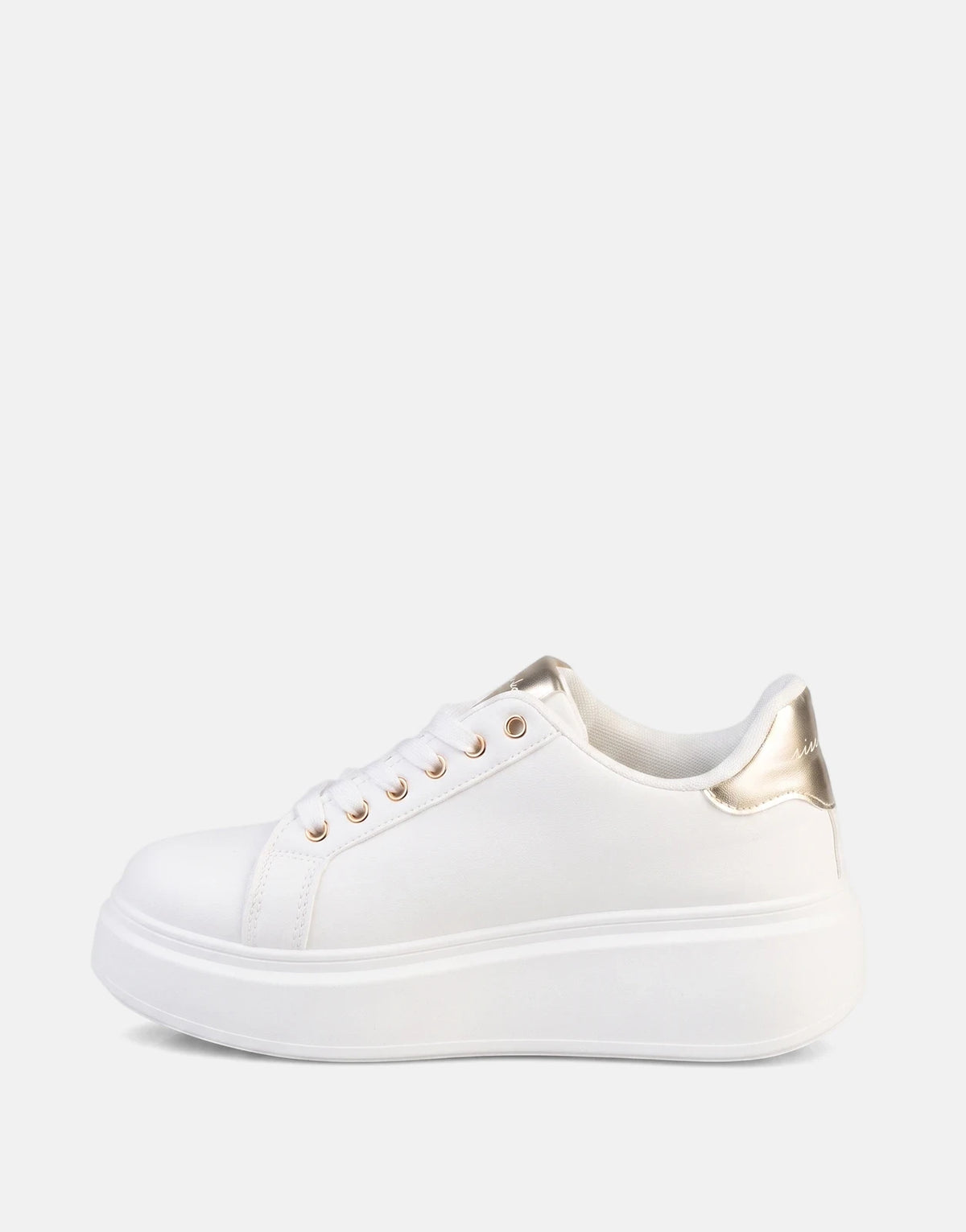 Sissy Boy Noella women's white platform sneakers with gold eyelets and heel accent, shown in a side view.