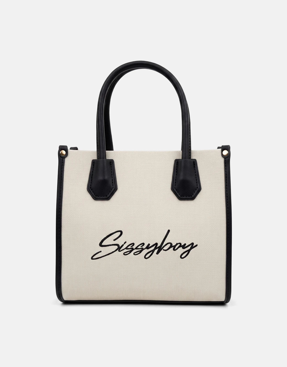 Sissy Boy Willow black mini tote bag, featuring an off-white canvas body, black faux leather handles, and embroidered