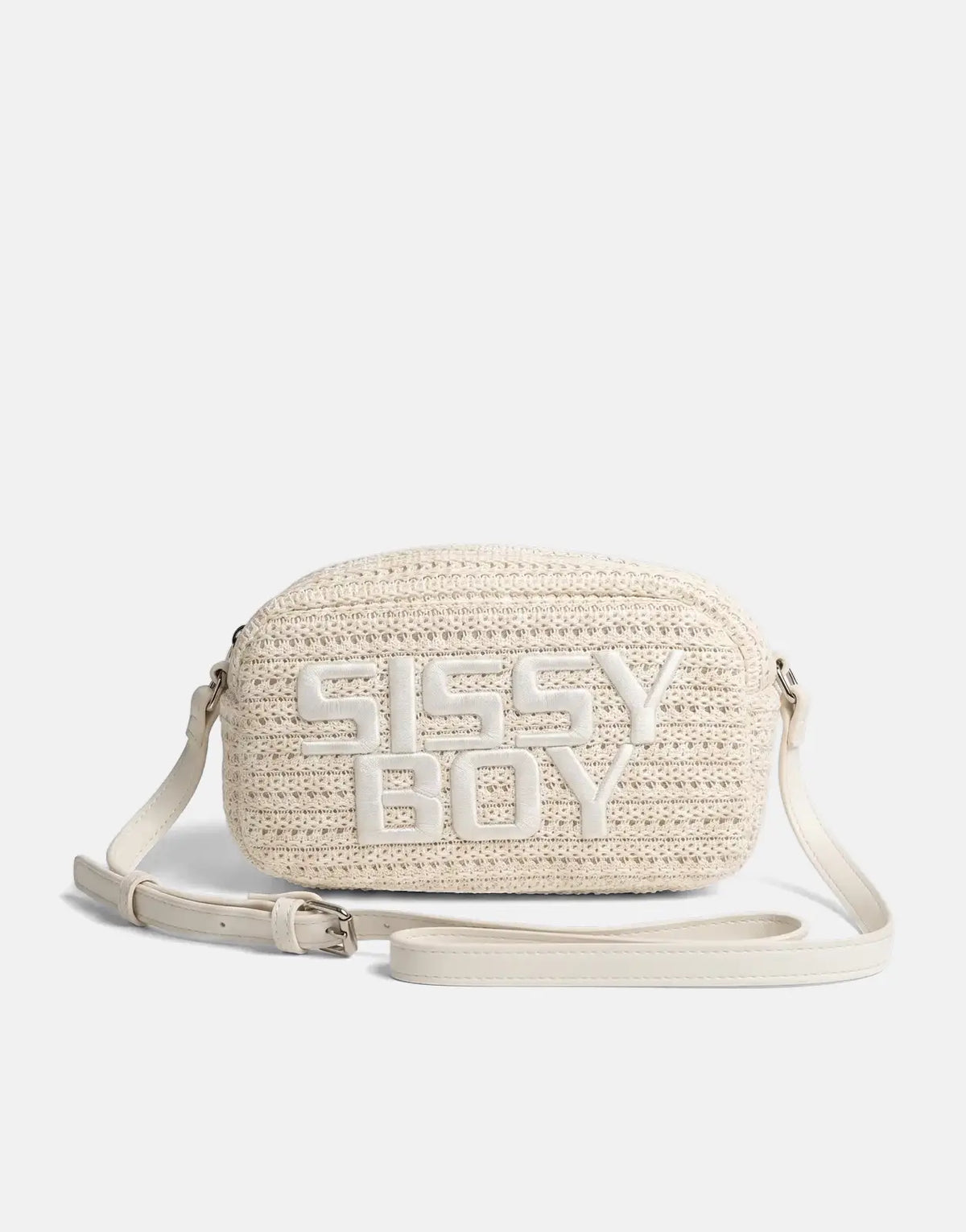 Off-white Sissy Boy Wren bag featuring a woven exterior and an embroidered logo, presented as a stylish cross-body accessory.