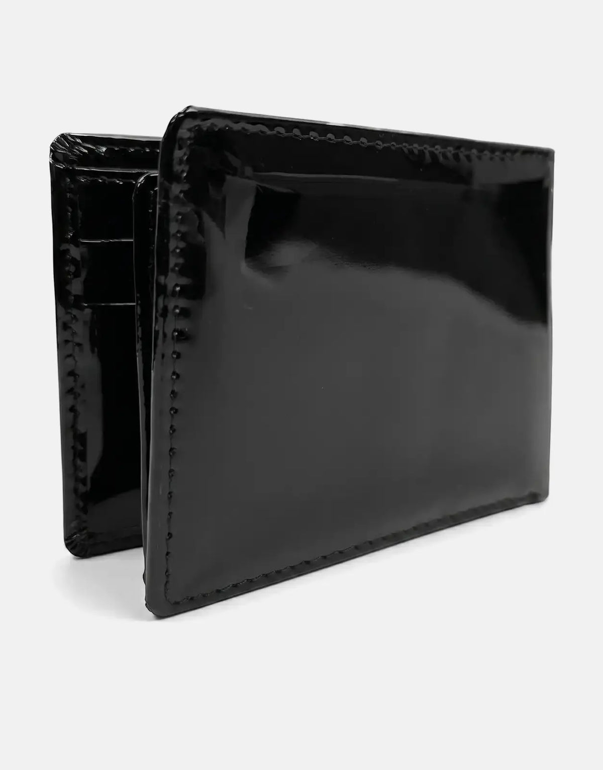 Black patent leather tri-fold wallet by Vialli, shown partially open from a side angle, displaying its glossy finish.