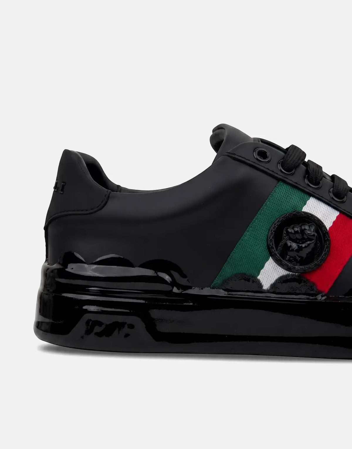 Vialli Rubai sneakers in black featuring a green, white, and red stripe on the side and a glossy black sole.