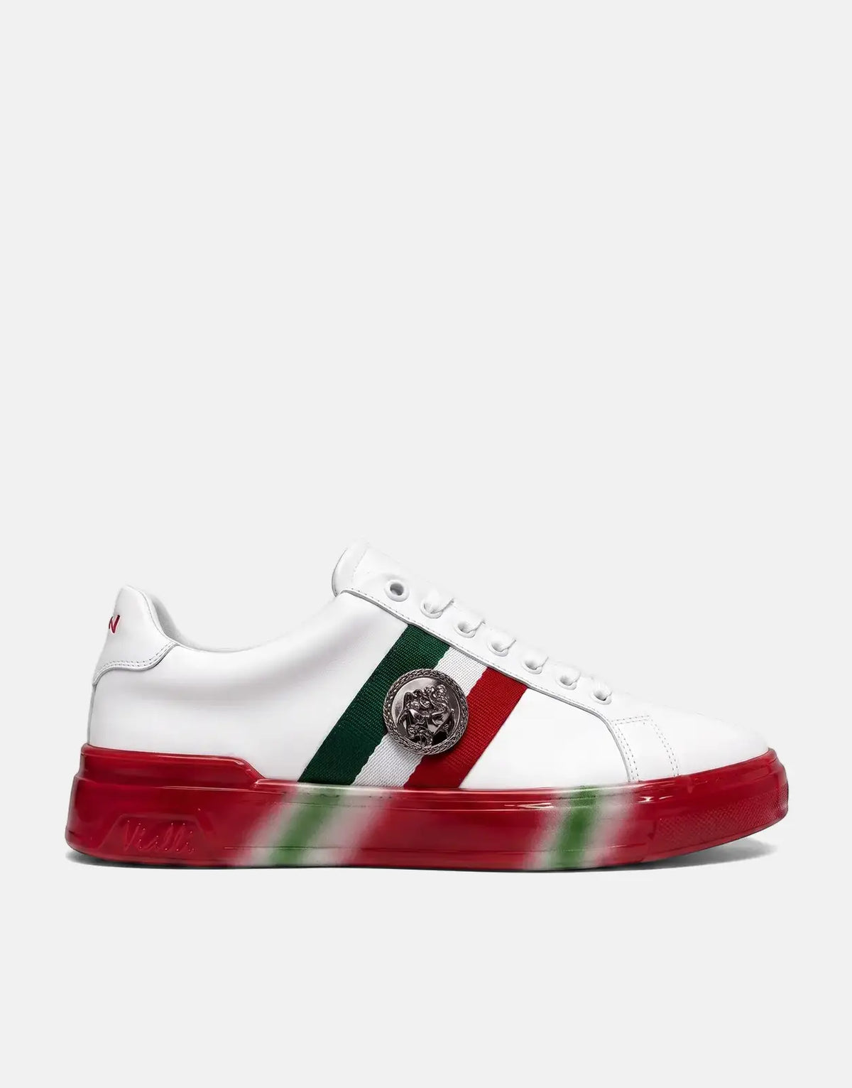 Vialli Rubai White Multi Sneakers with green and red stripes on the side, viewed from a side angle.