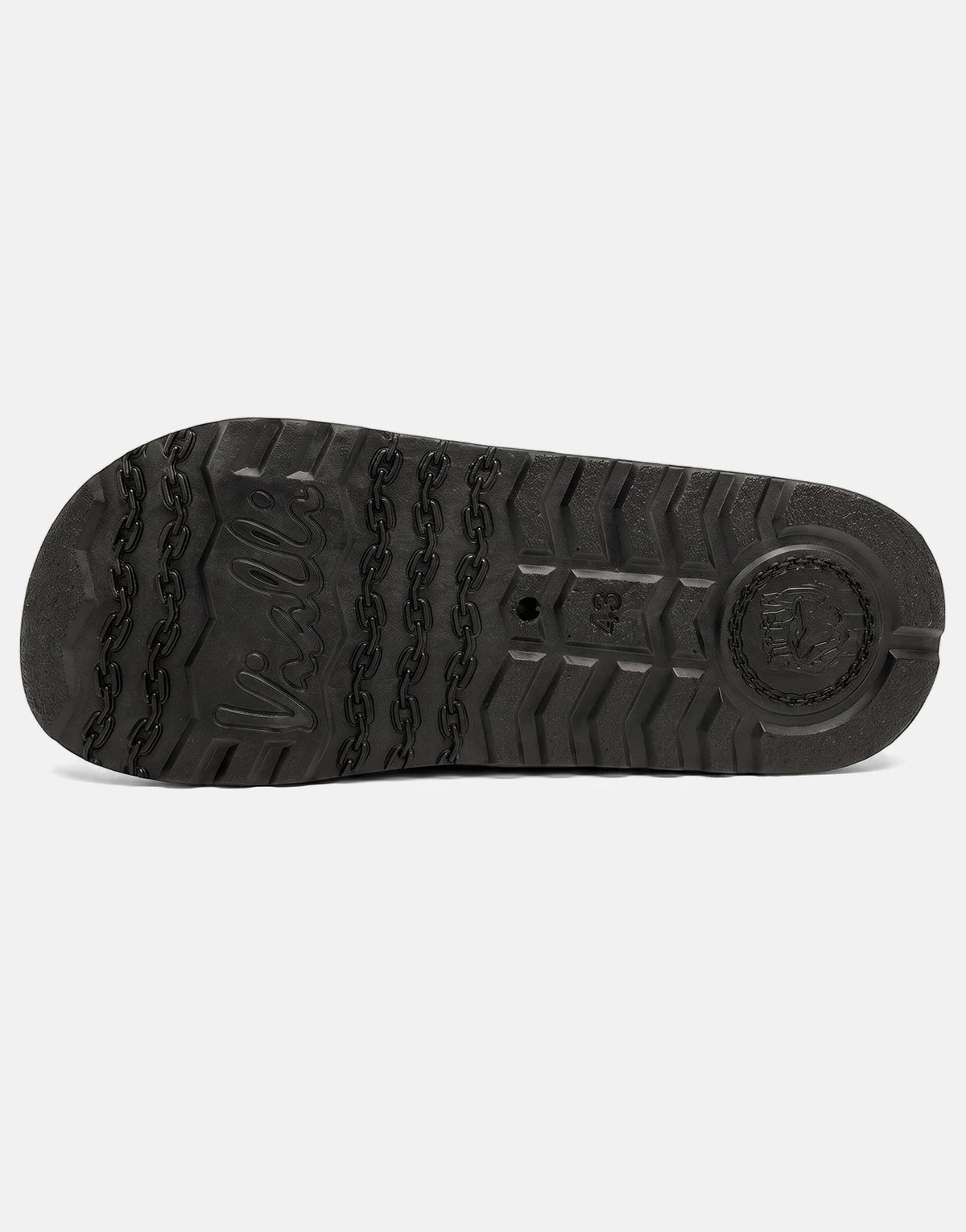 Vialli Yogi black sandals, featuring a detailed view of the durable rubber sole with branded text and unique chain-link