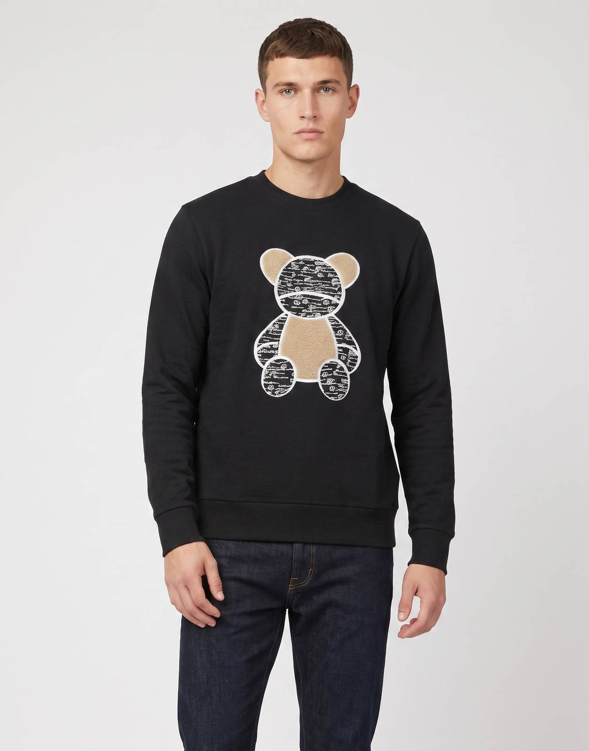 Ben Sherman BS Bear Fur Black Crew Sweatshirt for men, featuring a unique textured teddy bear graphic on the front.